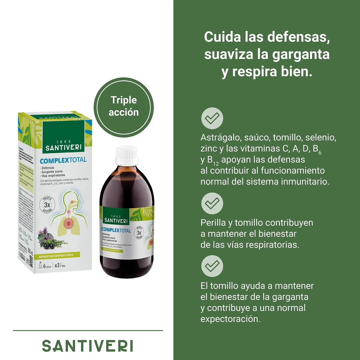 SANTIVERI – Complex Total, Complemento Alimenticio a Base de Extractos de Plantas y Vitaminas, Triple Acción, Ayuda al Bienestar de las Vías Respiratorias, la Garganta y las Defensas – 200 ml