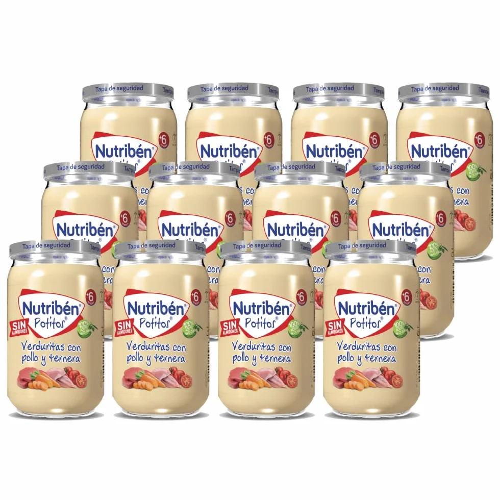 Nutribén Potitos | Tarrito de Verduras con Pollo y Ternera | Para Bebés a partir de 6 Meses | Sin Almidones | Sin Azúcares Añadidos | Sin Gluten, Huevo, Leche | Pack de 12 Unidades | 2820 g