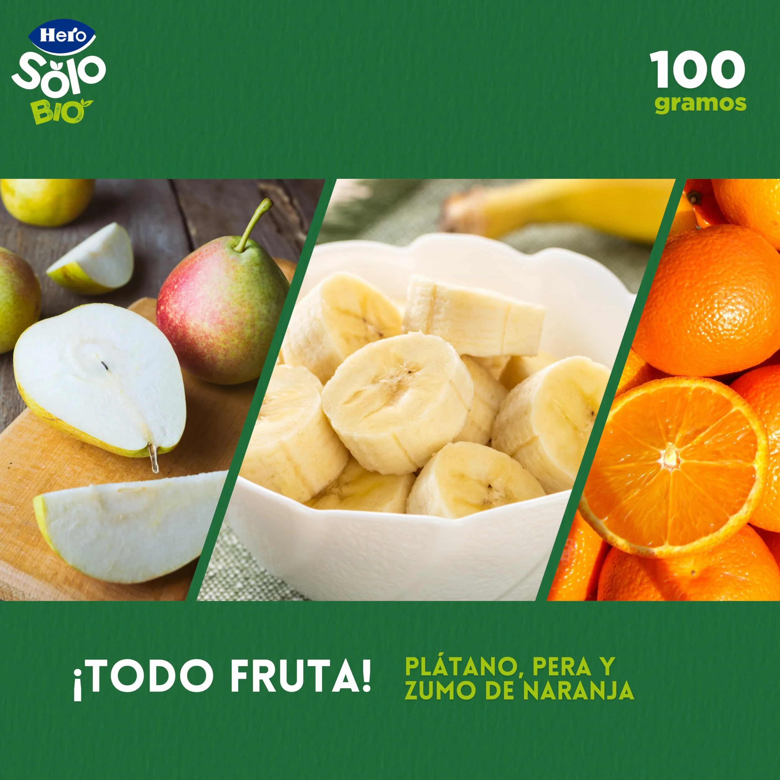 Hero Solo - Bolsita Bio de Plátano, Pera y Naranja – Puré de frutas BIO 100% naturales, compota sin azúcares añadidos, SIN GLUTEN - para bebés desde los 4 meses - Pack de 18 x 100 g