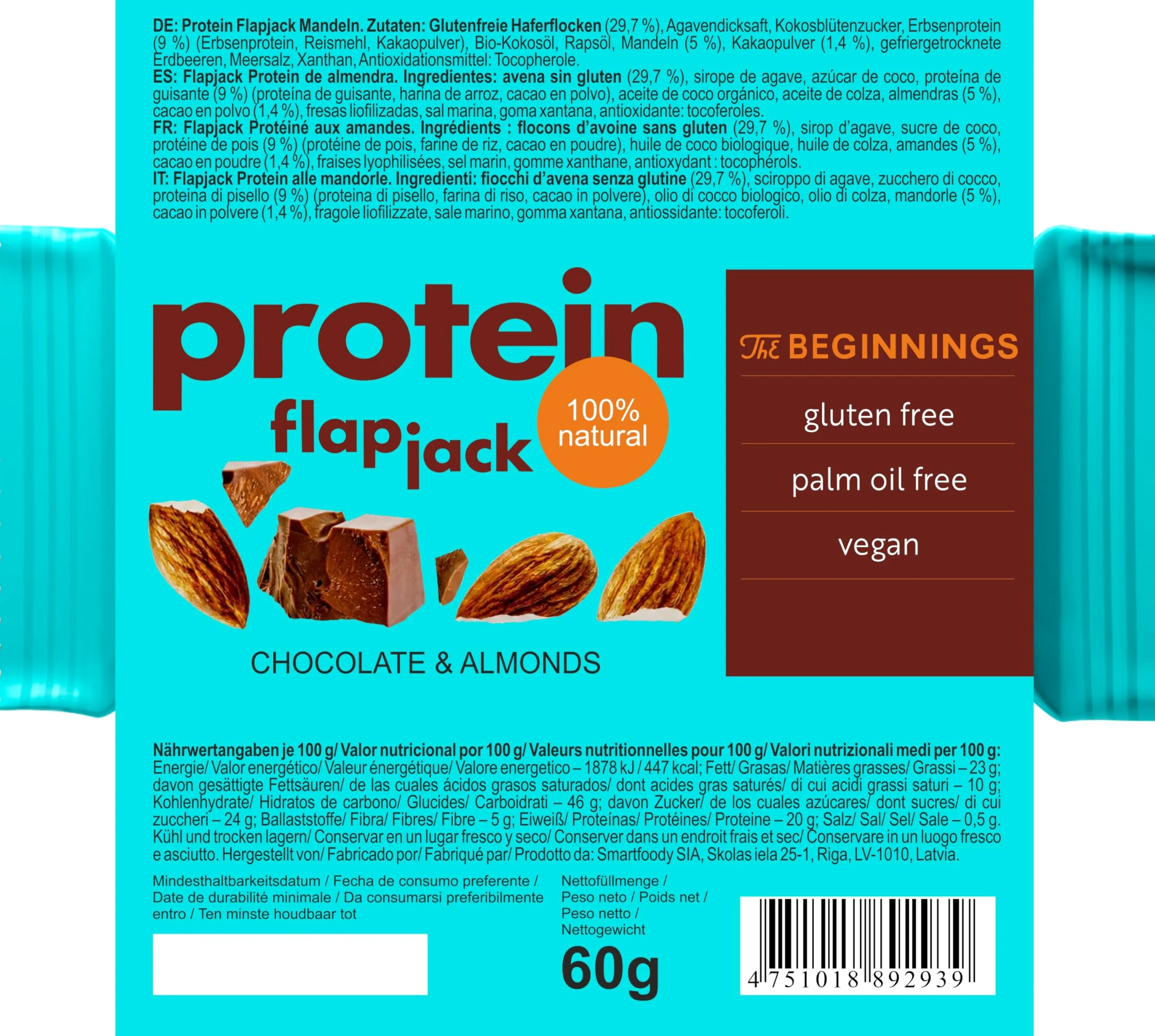 The BEGINNINGS Barritas proteicas de avena Flapjack Caja surtida 2 sabores x 5 barritas – 10 x 60 g (600 g) – veganas, sin gluten – proteína de origen vegetal – snack energético natural