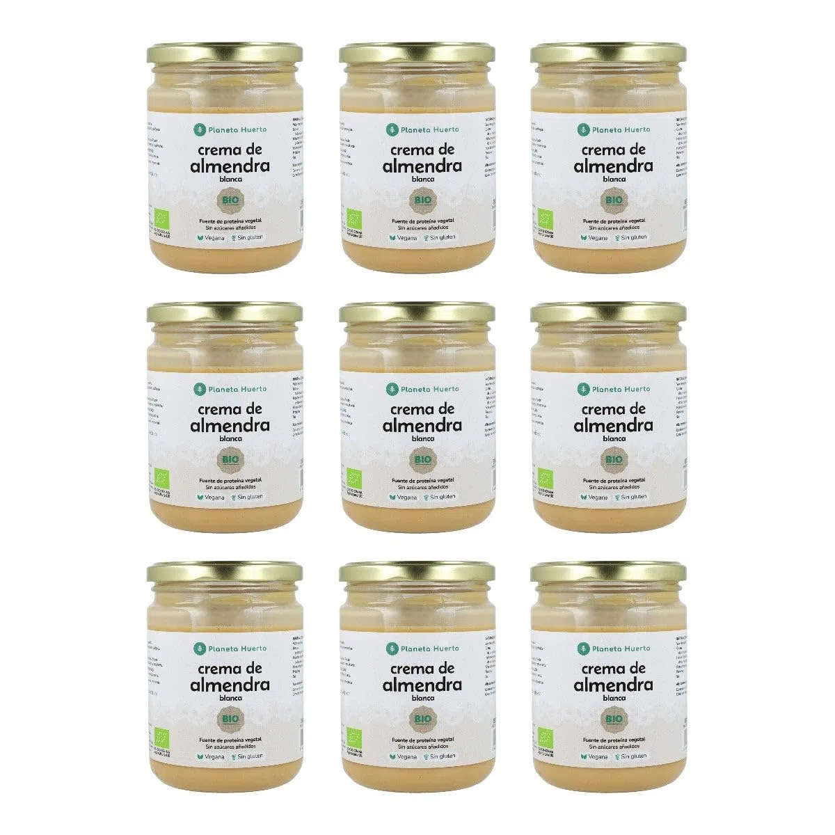 PLANETA HUERTO | Pack 9x Crema de Almendras Blancas Ecológica 350 g - 100% Almendras Orgánicas Peladas - Sin Azúcares Añadidos ni Aditivos - Rica en Fibra y Vitamina E - Para Untar y Desayunos