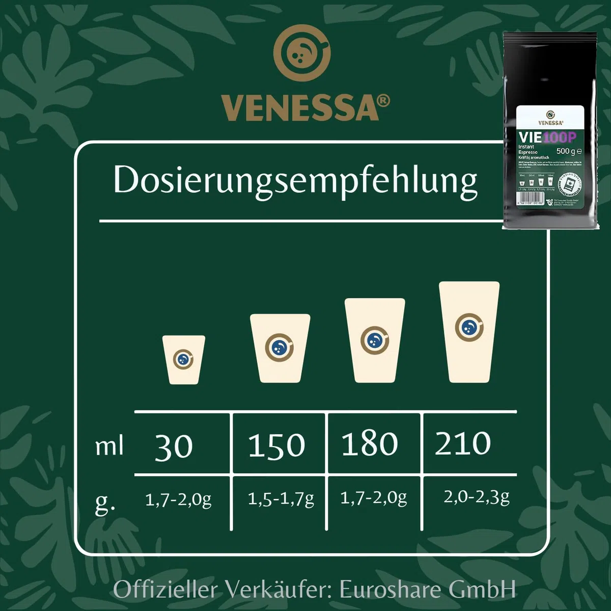 VENESSA VIE 100P Premium Instant Espresso 15 x 500 g suavemente tostado, sabor fuerte y aromático – para máquinas expendedoras