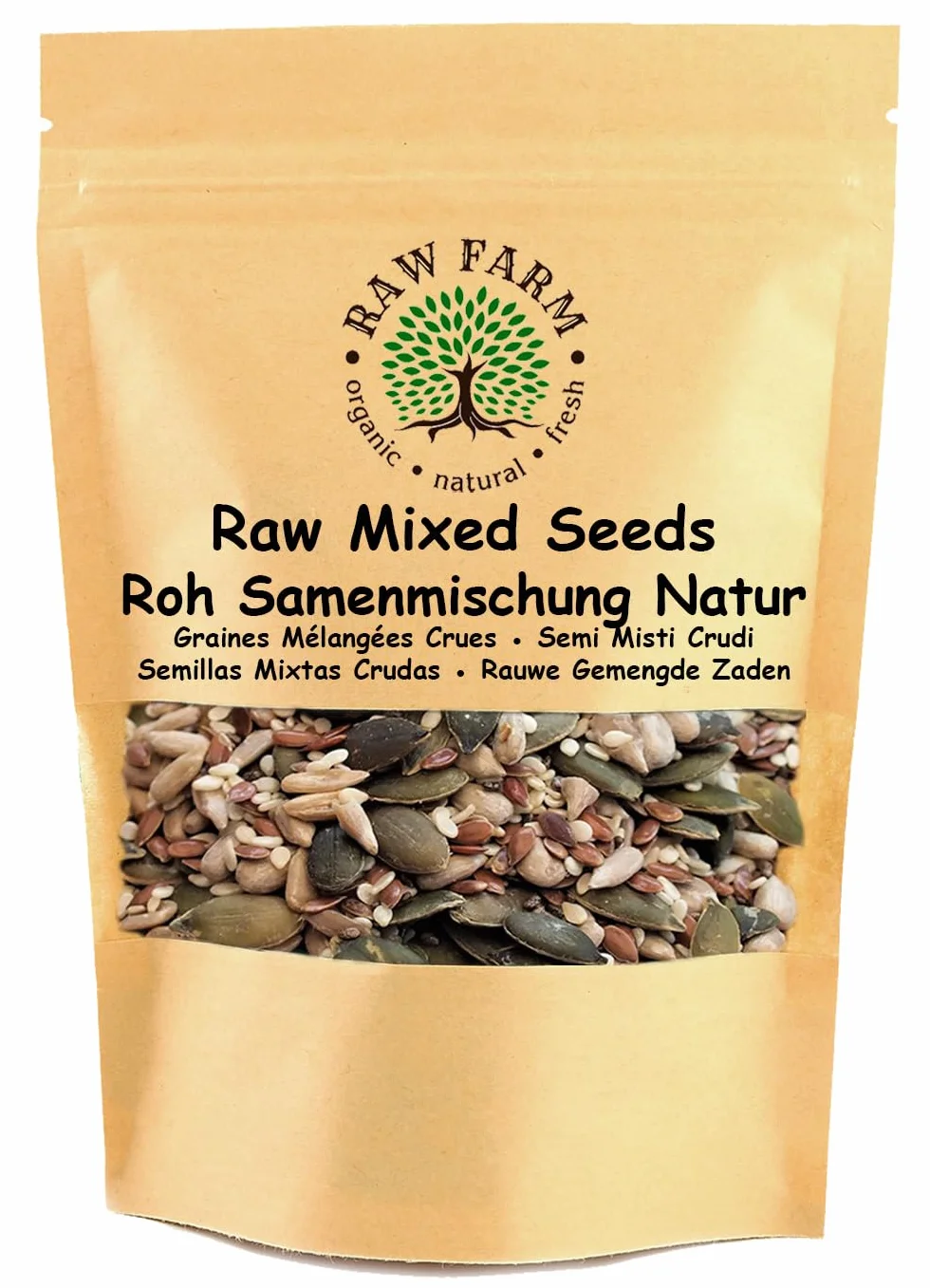 Raw Farm Mezcla de semillas crudas 5 variedades 1 kg calabaza girasol lino piñones cáñamo sin gluten sin soja