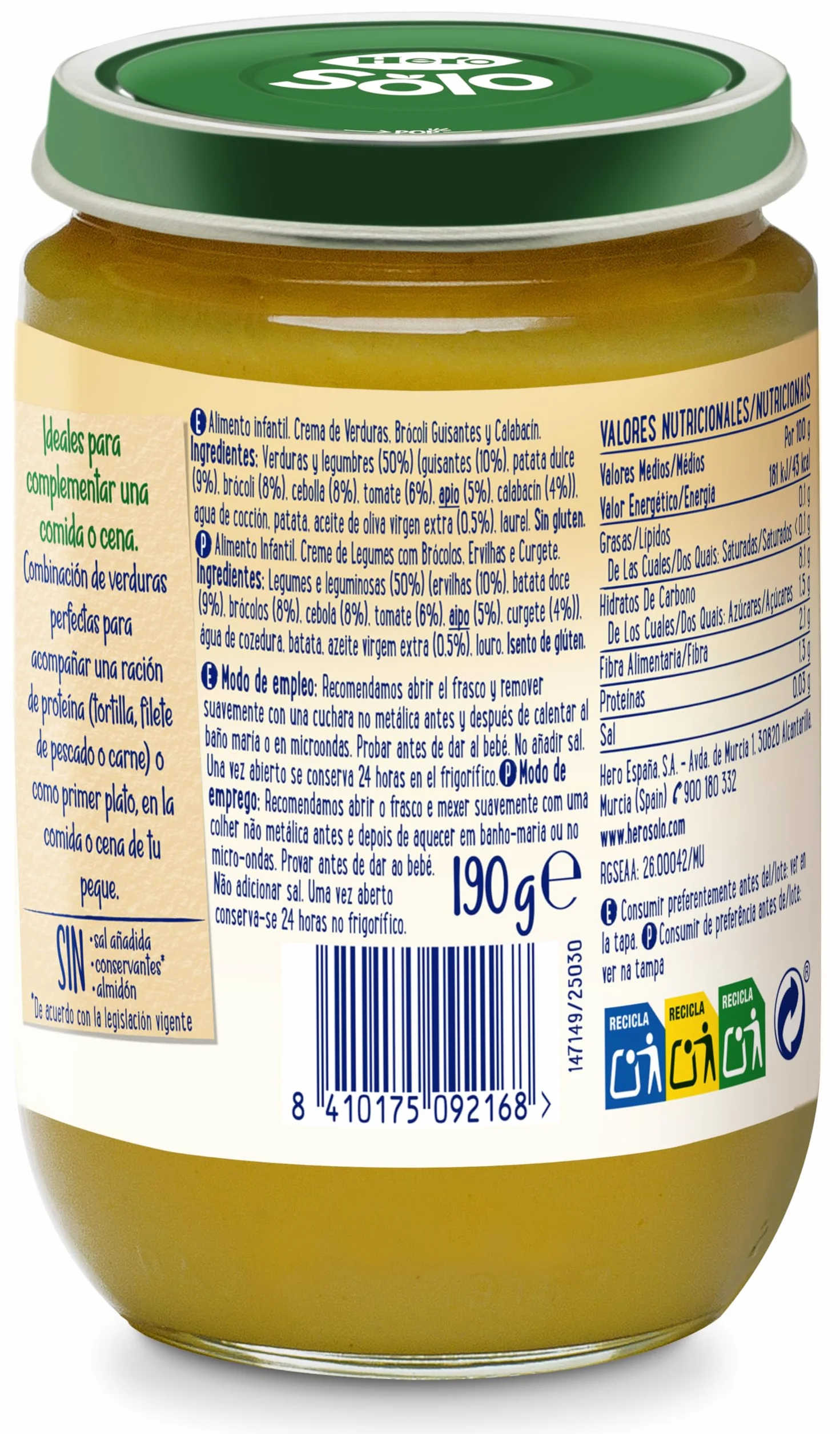 Hero Solo Tarrito Verduras Bebé Brócoli Guisante Calabacín Aceite Oliva Virgen Extra Sin Sal 190g 12U Desde 6 Meses