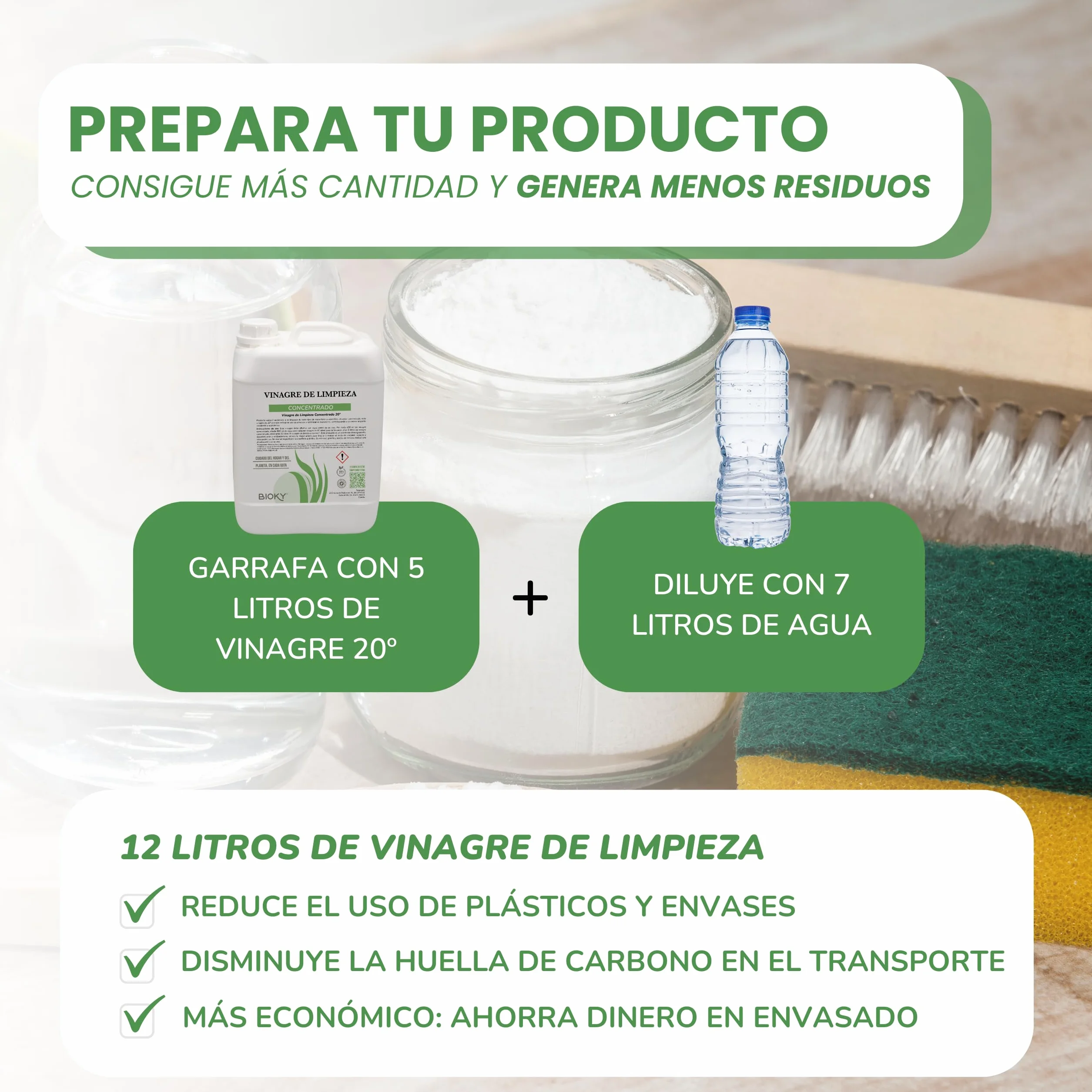 Bioky Vinagre Blanco Destilado 20º - Incluye Botella Pulverizadora - Súper Concentrado - Limpieza Multiusos - Fórmula Económica y Ecológica (5L)