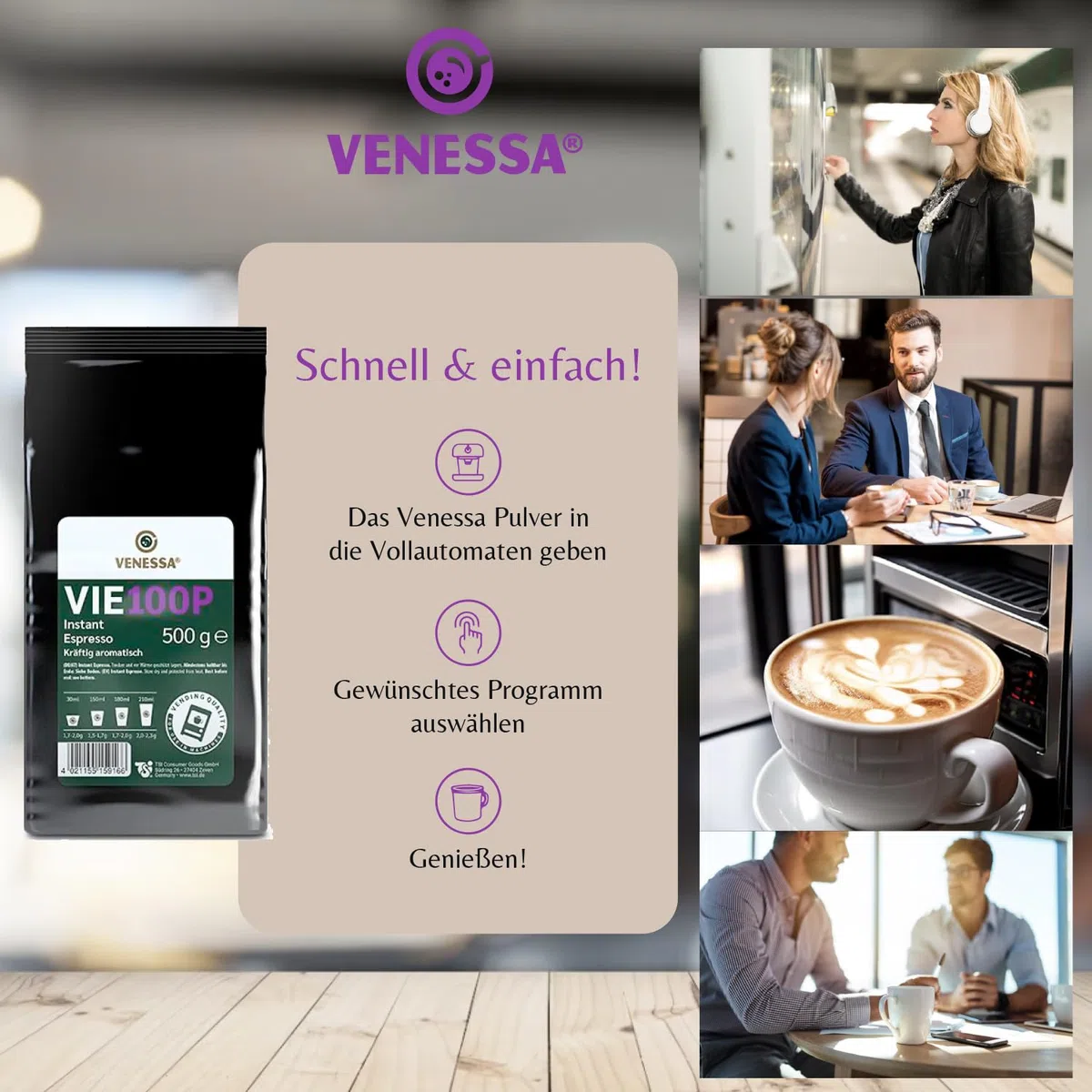 VENESSA VIE 100P Premium Instant Espresso 15 x 500 g suavemente tostado, sabor fuerte y aromático – para máquinas expendedoras
