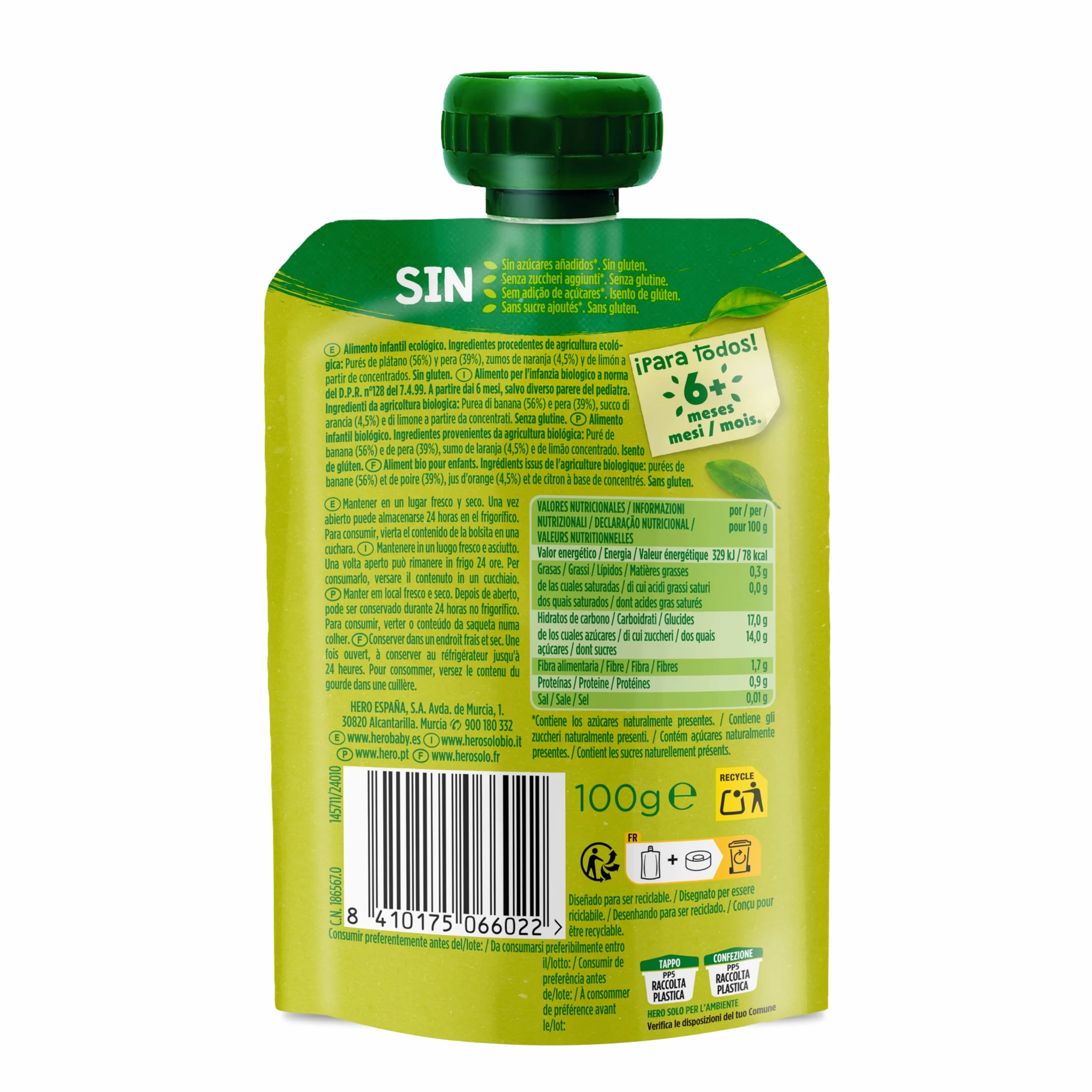 Hero Solo - Bolsita Bio de Plátano, Pera y Naranja – Puré de frutas BIO 100% naturales, compota sin azúcares añadidos, SIN GLUTEN - para bebés desde los 4 meses - Pack de 18 x 100 g