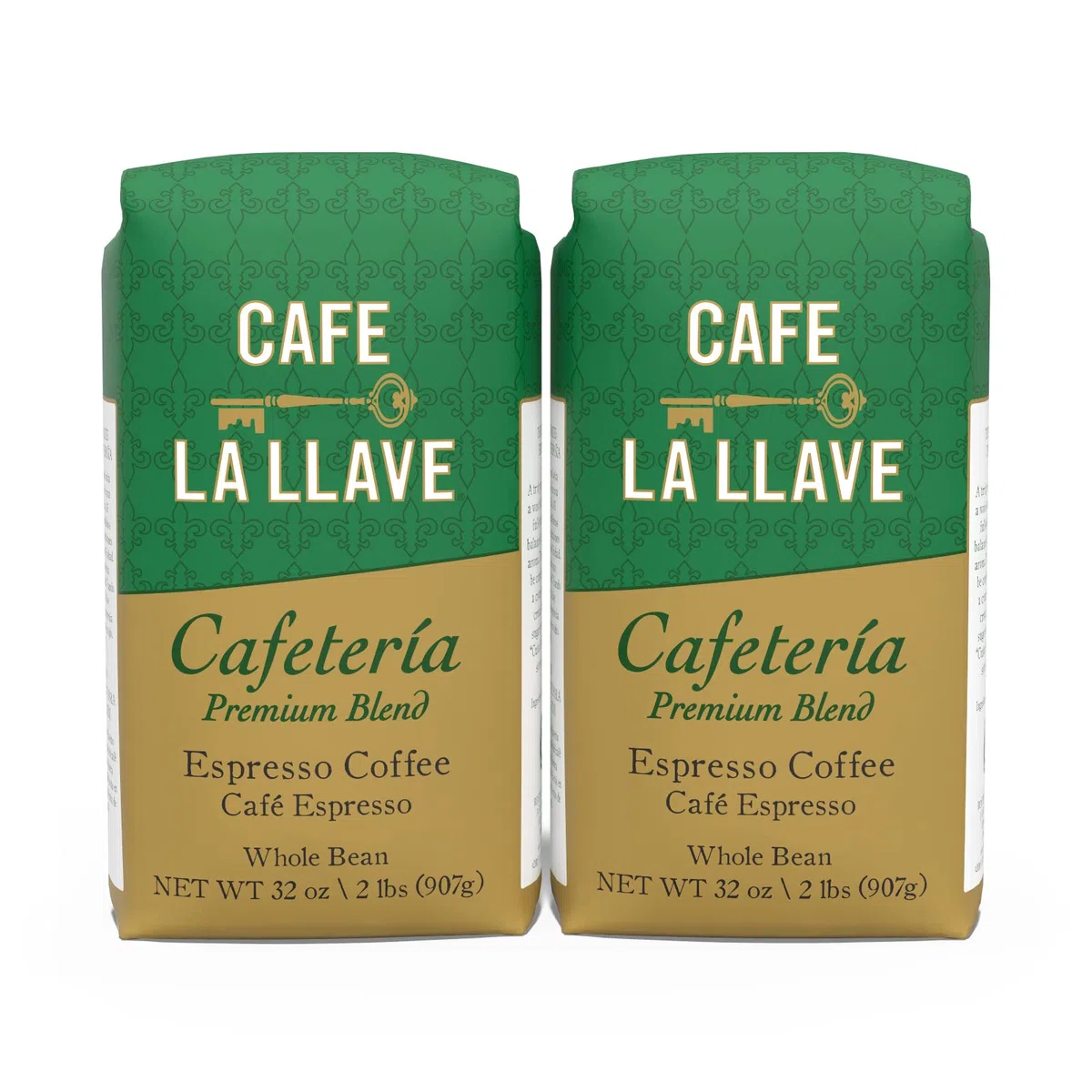Cafe La Llave Café espresso de grano entero, tostado oscuro premium, bolsas de 32 onzas (paquete de 2), rica mezcla de estilo cubano