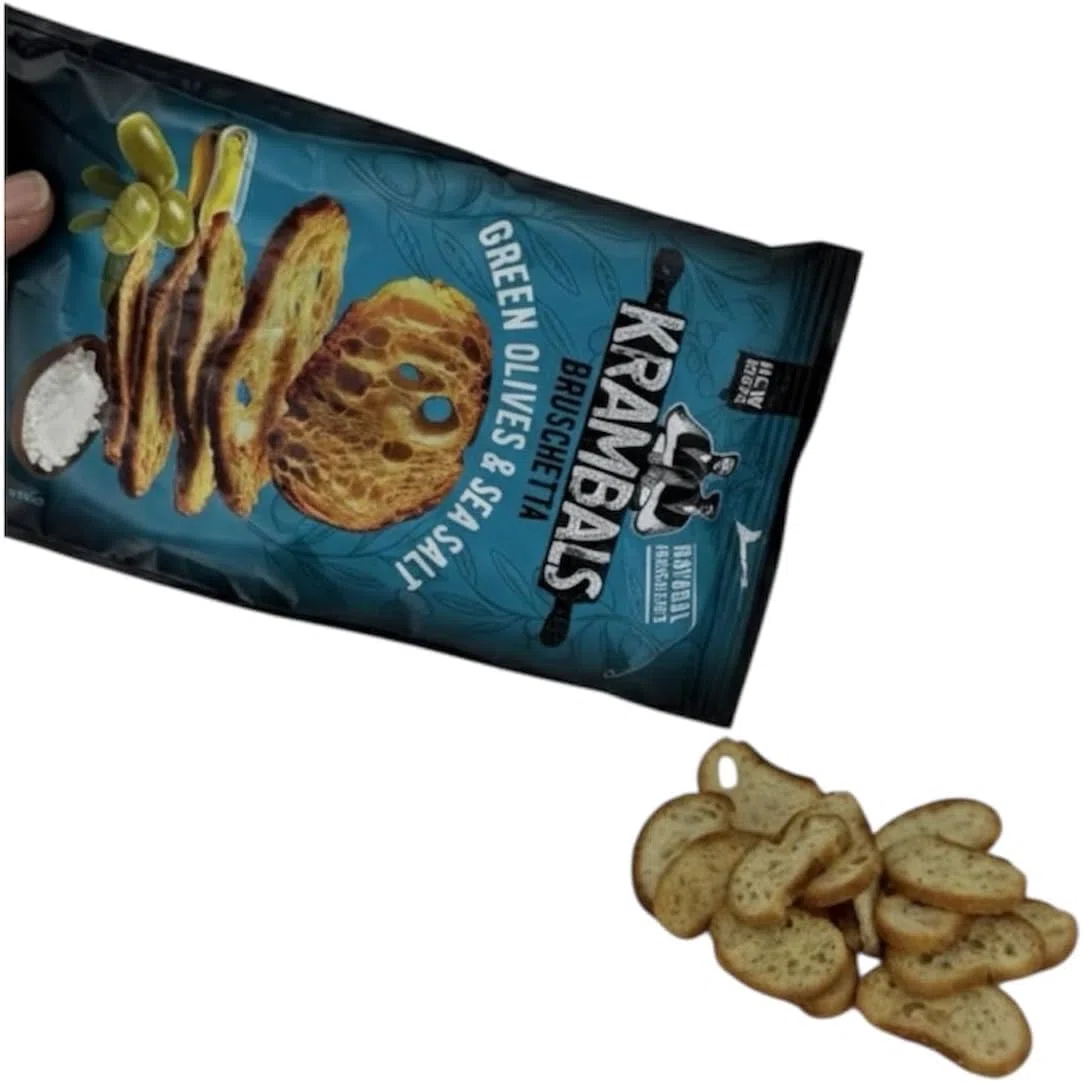 Krambals Bruschetta – Rebanadas de Pan Tostado Crujiente, Snack para Aperitivo – Pack de 12 unidades, 70g (Olivas Verdes)