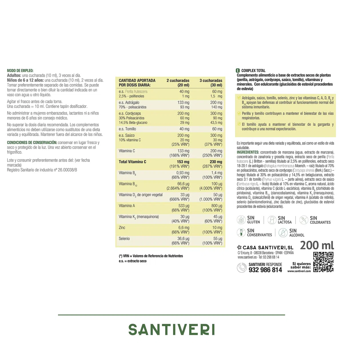 SANTIVERI – Complex Total, Complemento Alimenticio a Base de Extractos de Plantas y Vitaminas, Triple Acción, Ayuda al Bienestar de las Vías Respiratorias, la Garganta y las Defensas – 200 ml