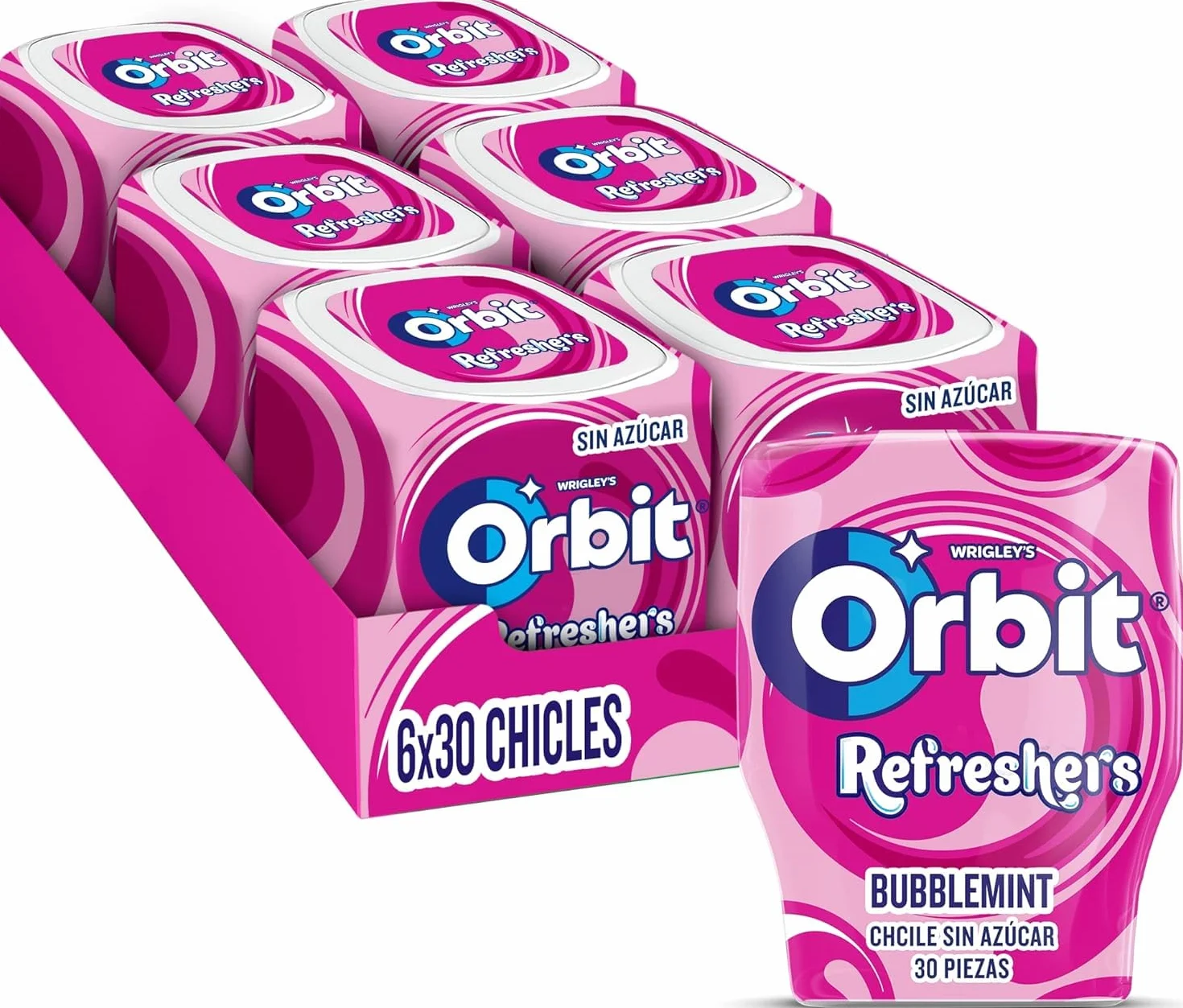 Orbit Refreshers, Bote de Chicles Sin Azúcar Sabor Bubblemint que proporciona frescura inmediata en formato gragea (6 x 30 chicles)