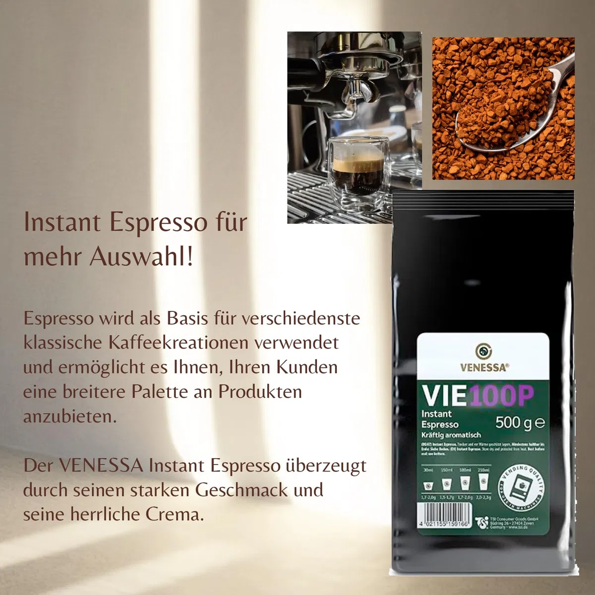 VENESSA VIE 100P Premium Instant Espresso 15 x 500 g suavemente tostado, sabor fuerte y aromático – para máquinas expendedoras