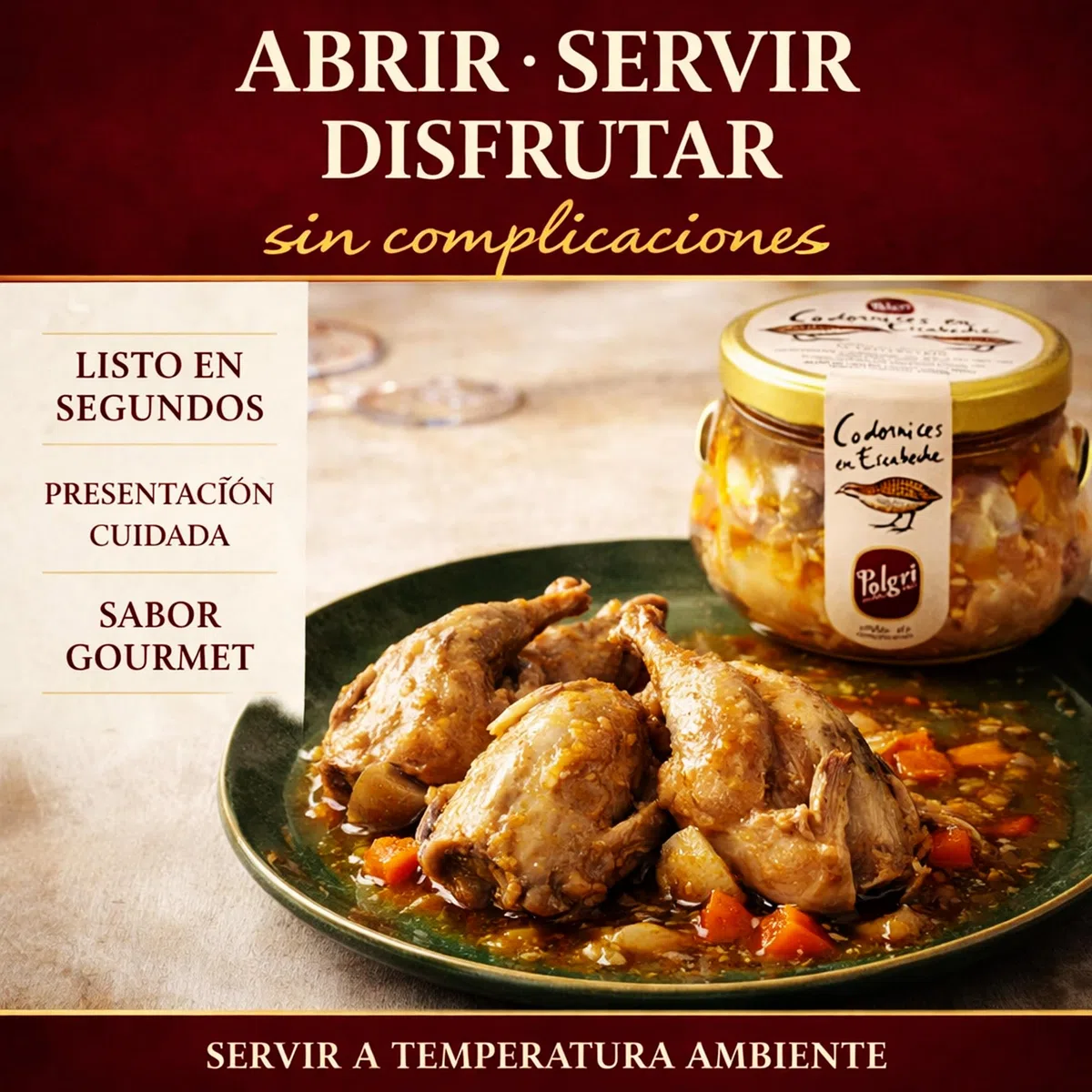 POLGRI Codornices en Escabeche Conserva Gourmet Carne de Caza con AOVE 2 Codornices Tarro de Cristal 640 ml Aperitivo Premium Receta Manchega Lista para Servir Tapa Gourmet Artesana