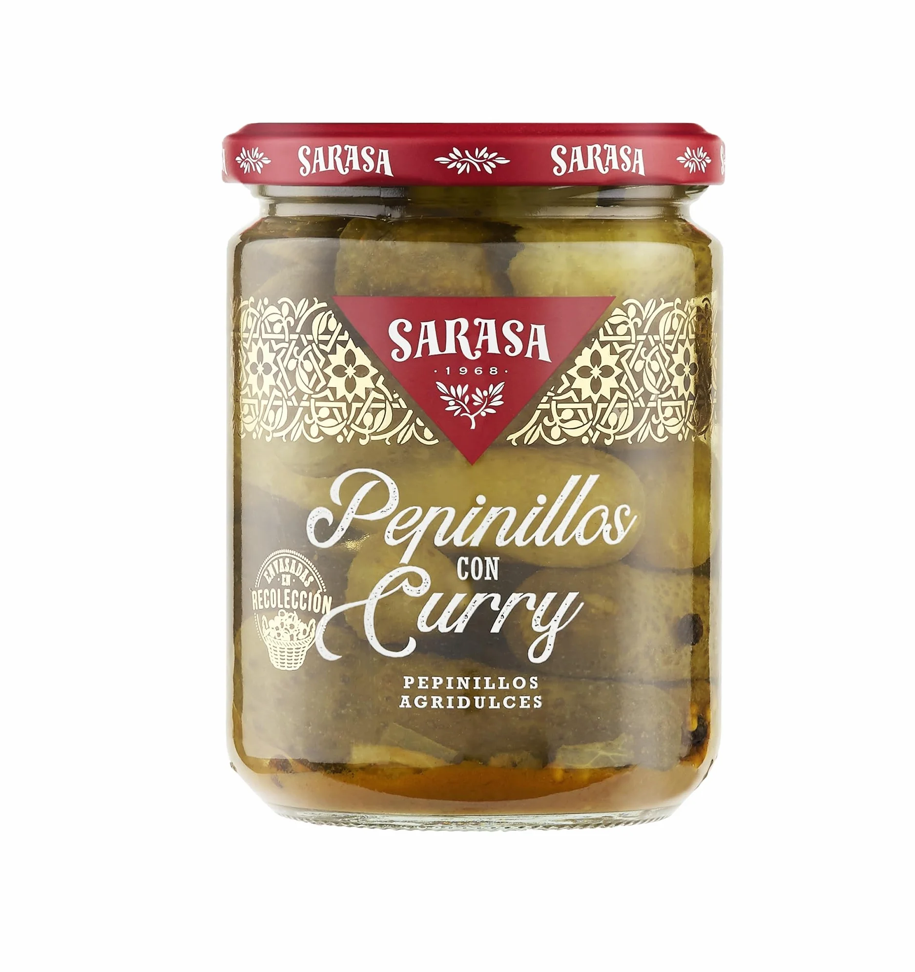 Pepinillos Agridulces con Curry Sarasa 400g (190g Escurrido) – Encurtidos Gourmet Crujientes con Toque Exótico, Sabor Dulce y Especiado, Ideal para Tapas, Ensaladas y Aperitivos (Pack 3).