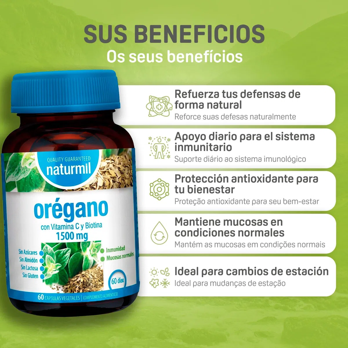 Orégano 1500 mg con Vitamina C y Biotina - Inmunidad - 60 Cápsulas DietMed | Protección para tu día a día