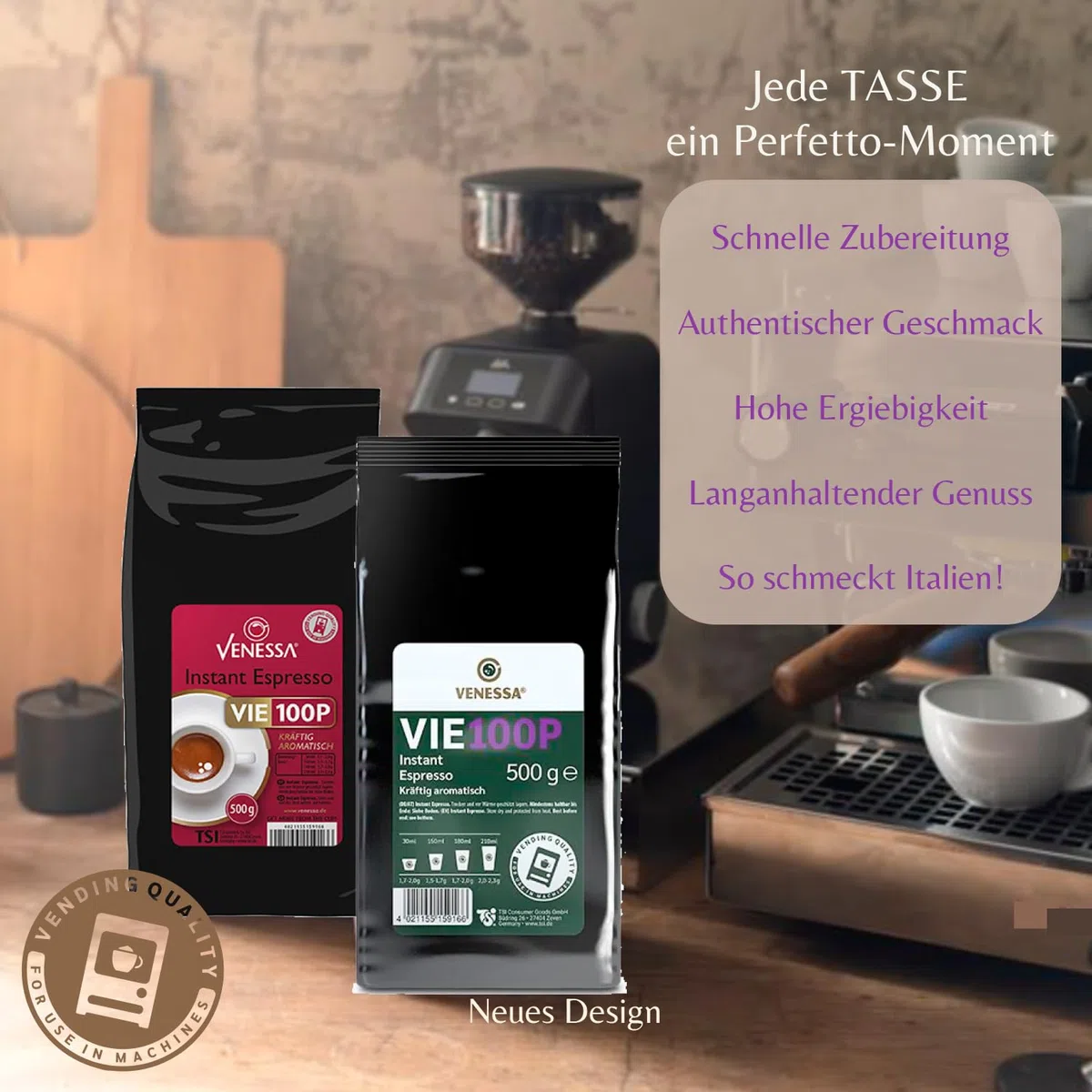 VENESSA VIE 100P Premium Instant Espresso 15 x 500 g suavemente tostado, sabor fuerte y aromático – para máquinas expendedoras