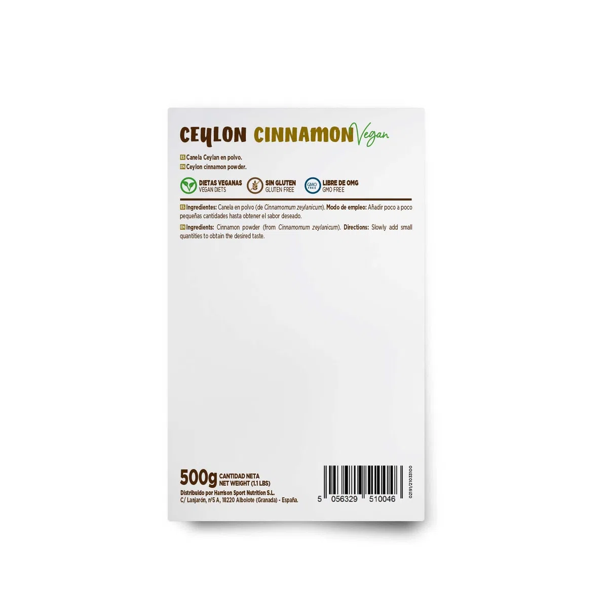 HSN Canela Ceylán en Polvo 500g | Canela de Ceilán Verdadera Cinnamomum Zeylanicum | 100% Natural - Baja en Cumarina - Molienda Fina | No-GMO, Vegano, Sin Gluten