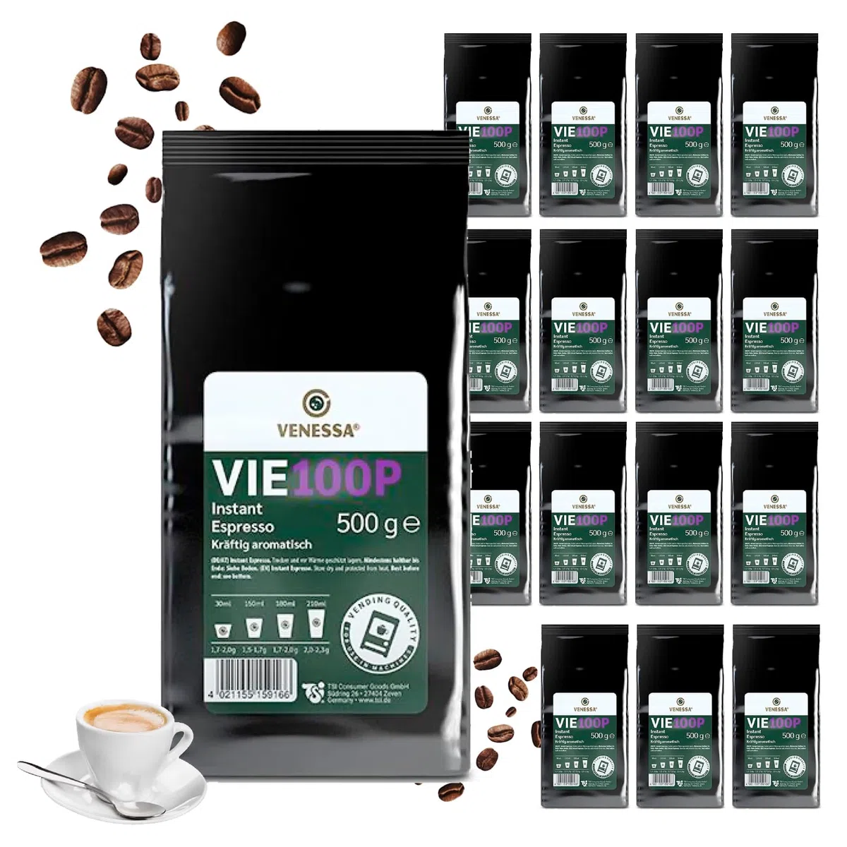 VENESSA VIE 100P Premium Instant Espresso 15 x 500 g suavemente tostado, sabor fuerte y aromático – para máquinas expendedoras