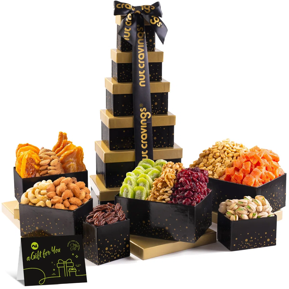 NUT CRAVINGS Gourmet Collection - Cesta de regalo de Pascua con frutas secas y frutos secos mixtos en torre negra + cinta (12 surtidos), plato de arreglo para cumpleaños, paquete saludable Kosher