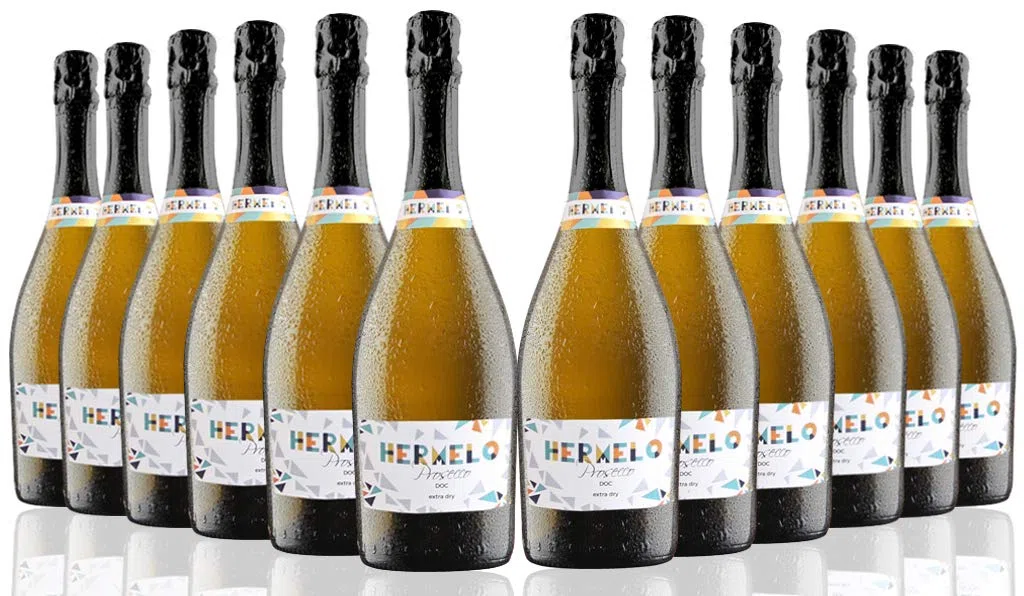 SAN JAMÓN Caja de 12 Botellas de Vino Espumoso Hermelo Prosecco Doc Treviso Extra Dry. Estuche de Vino Italiano Prosecco. Lote de 12 Botellas de 75 cl.