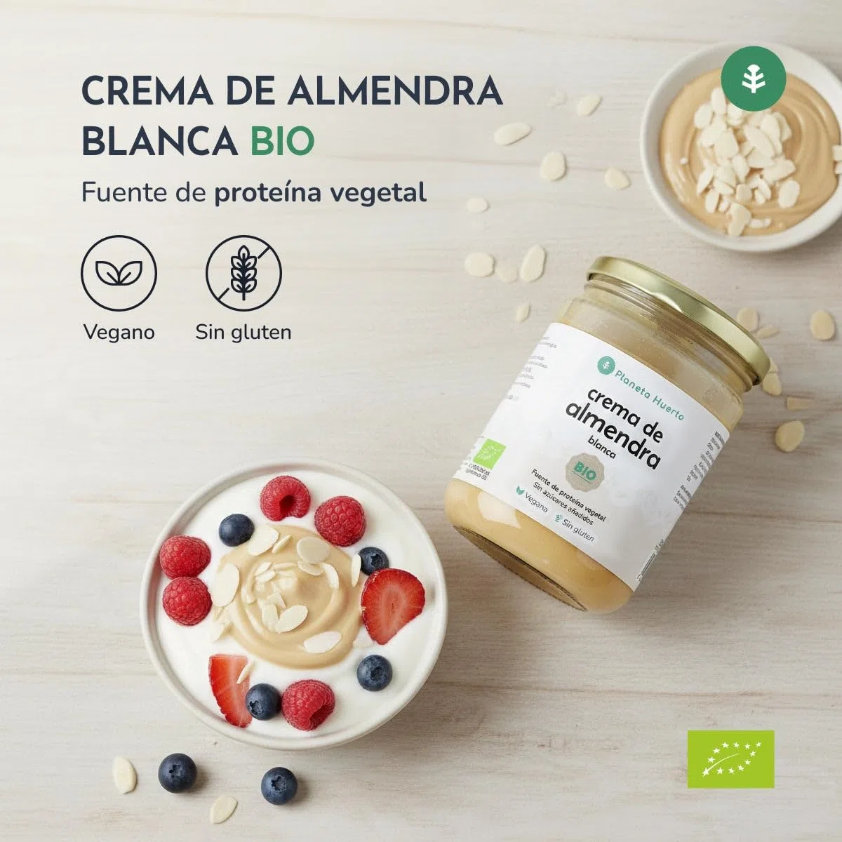 PLANETA HUERTO | Pack 9x Crema de Almendras Blancas Ecológica 350 g - 100% Almendras Orgánicas Peladas - Sin Azúcares Añadidos ni Aditivos - Rica en Fibra y Vitamina E - Para Untar y Desayunos