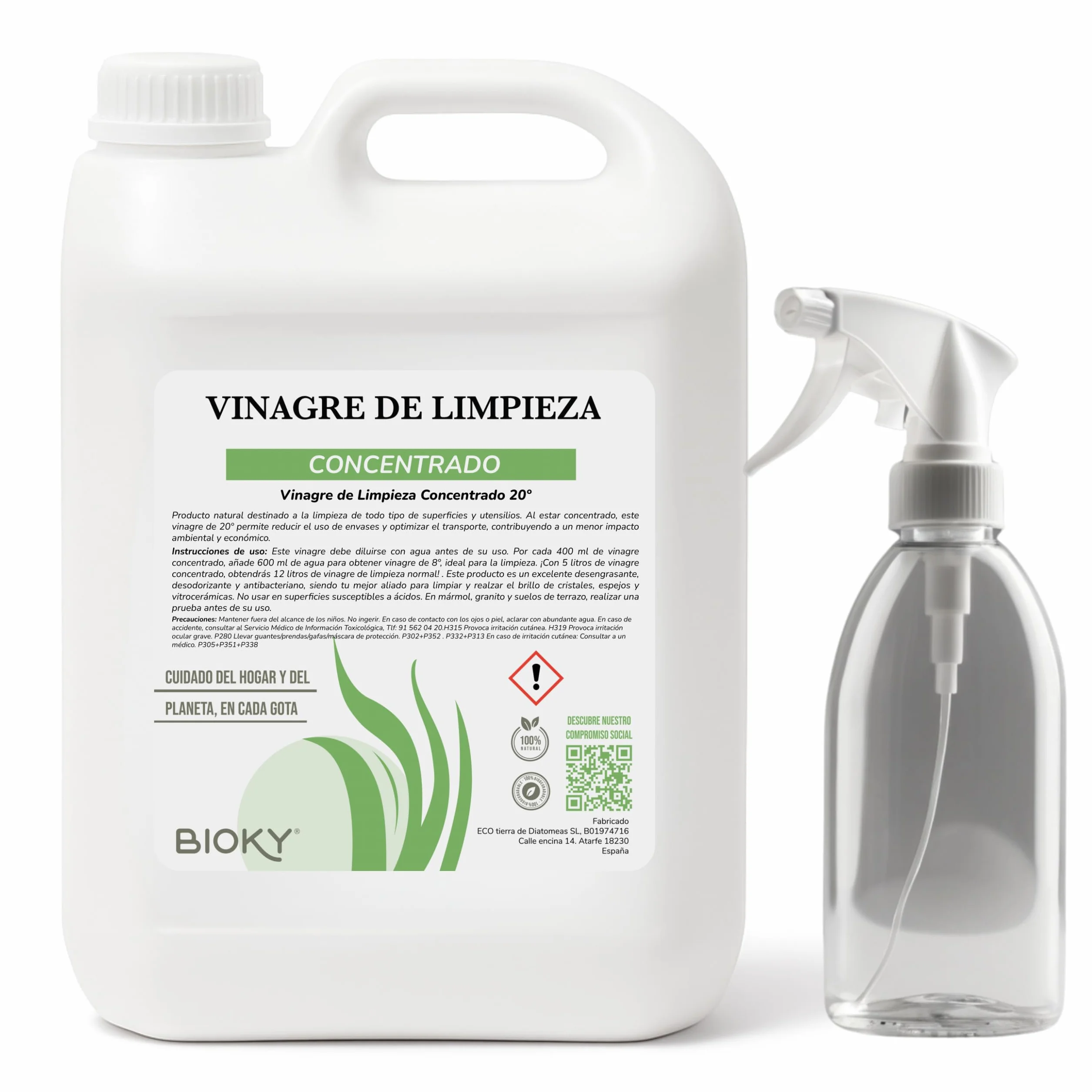 Bioky Vinagre Blanco Destilado 20º - Incluye Botella Pulverizadora - Súper Concentrado - Limpieza Multiusos - Fórmula Económica y Ecológica (5L)