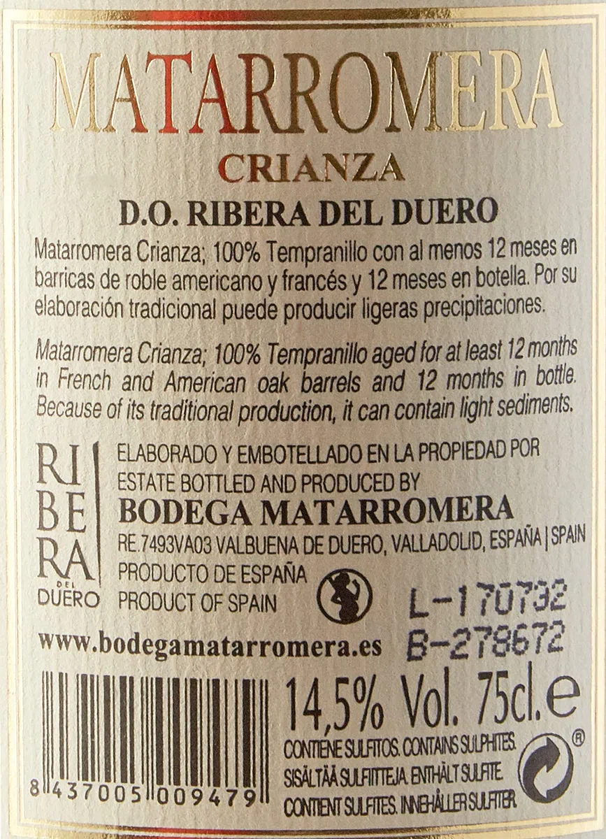 Matarromera Crianza Tempranillo Ribera del Duero, 750ml (Paquete de 6)