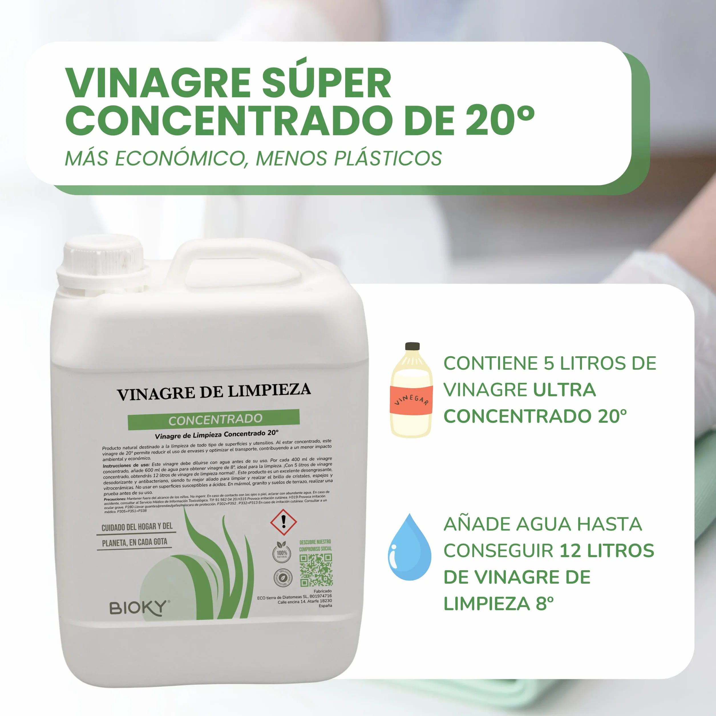 Bioky Vinagre Blanco Destilado 20º - Incluye Botella Pulverizadora - Súper Concentrado - Limpieza Multiusos - Fórmula Económica y Ecológica (5L)