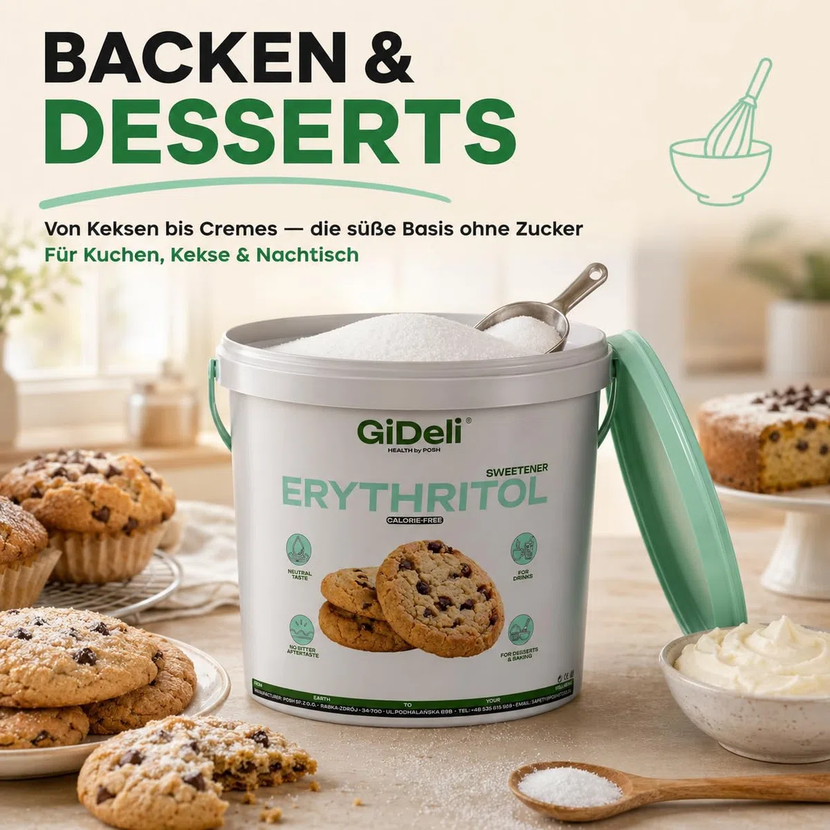 GiDeli Eritritol 20 kg en cubo de azúcar granulada de repuesto de alimentos como alternativa vegana y de azúcar amigable con los dientes