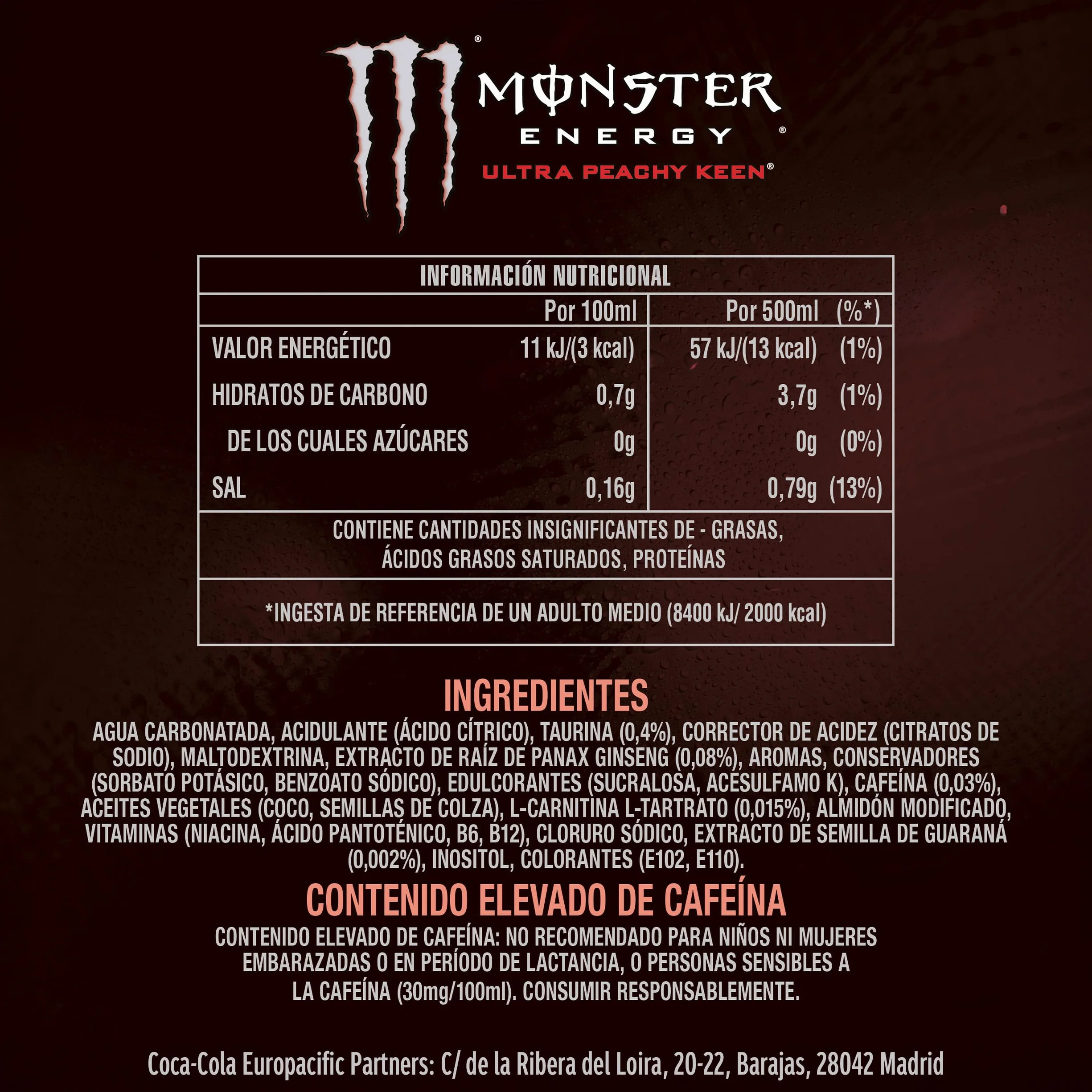 Monster Energy Ultra Peachy Keen, Bebida Energética Sin Azúcar- Pack de 12 Latas de 500ml