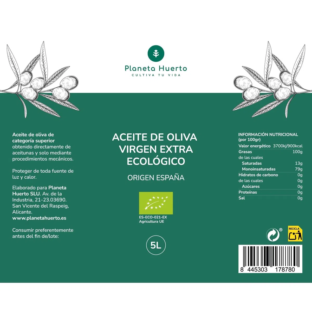PLANETA HUERTO | Pack 3x Aceite de Oliva Virgen Extra ECO 5L, Máxima Calidad y Sabor Auténtico