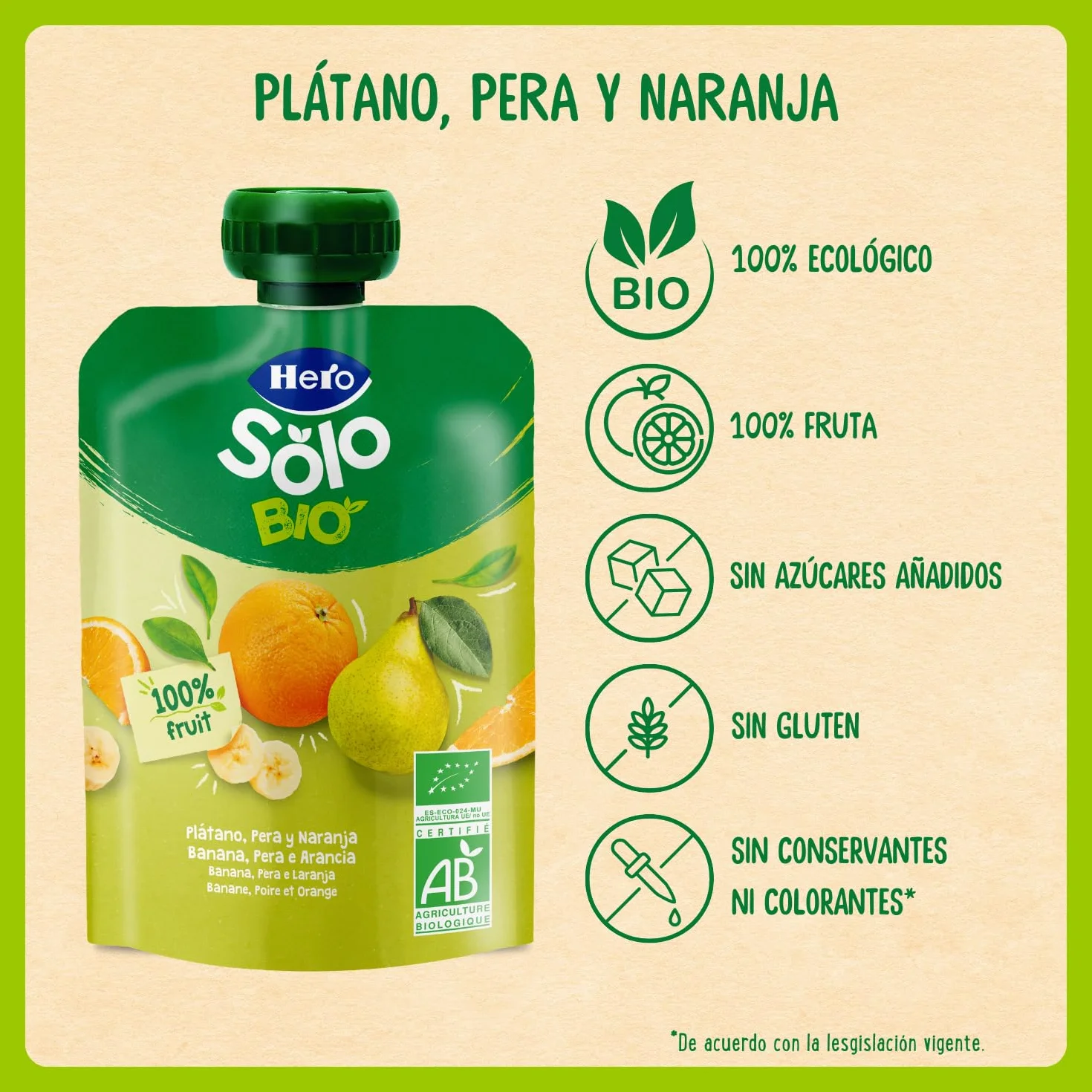 Hero Solo - Bolsita Bio de Plátano, Pera y Naranja – Puré de frutas BIO 100% naturales, compota sin azúcares añadidos, SIN GLUTEN - para bebés desde los 4 meses - Pack de 18 x 100 g
