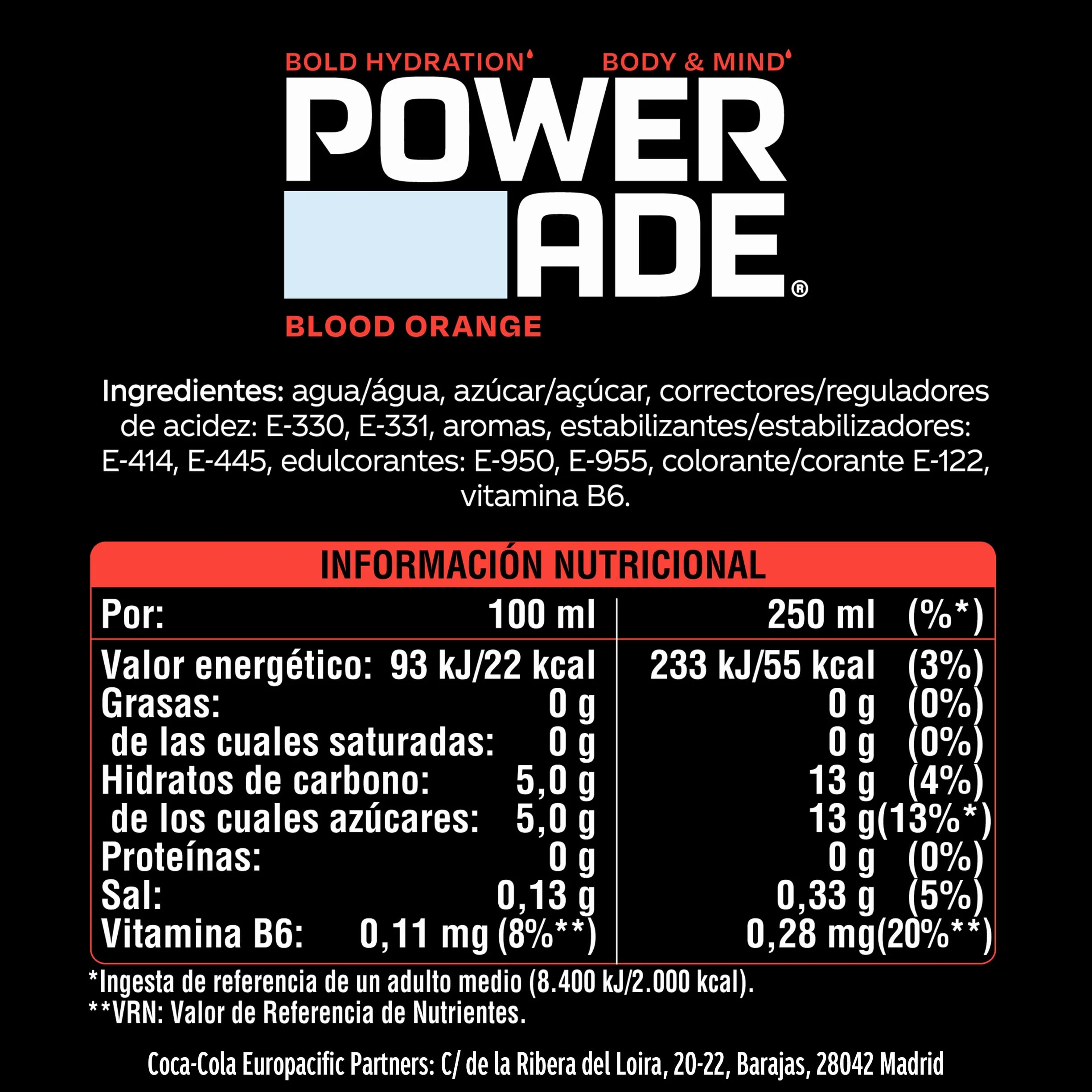 Powerade Bebida Isotónica Blood Orange, Sin Gluten y Refrescante - Pack de 12 Botellas de 500ml