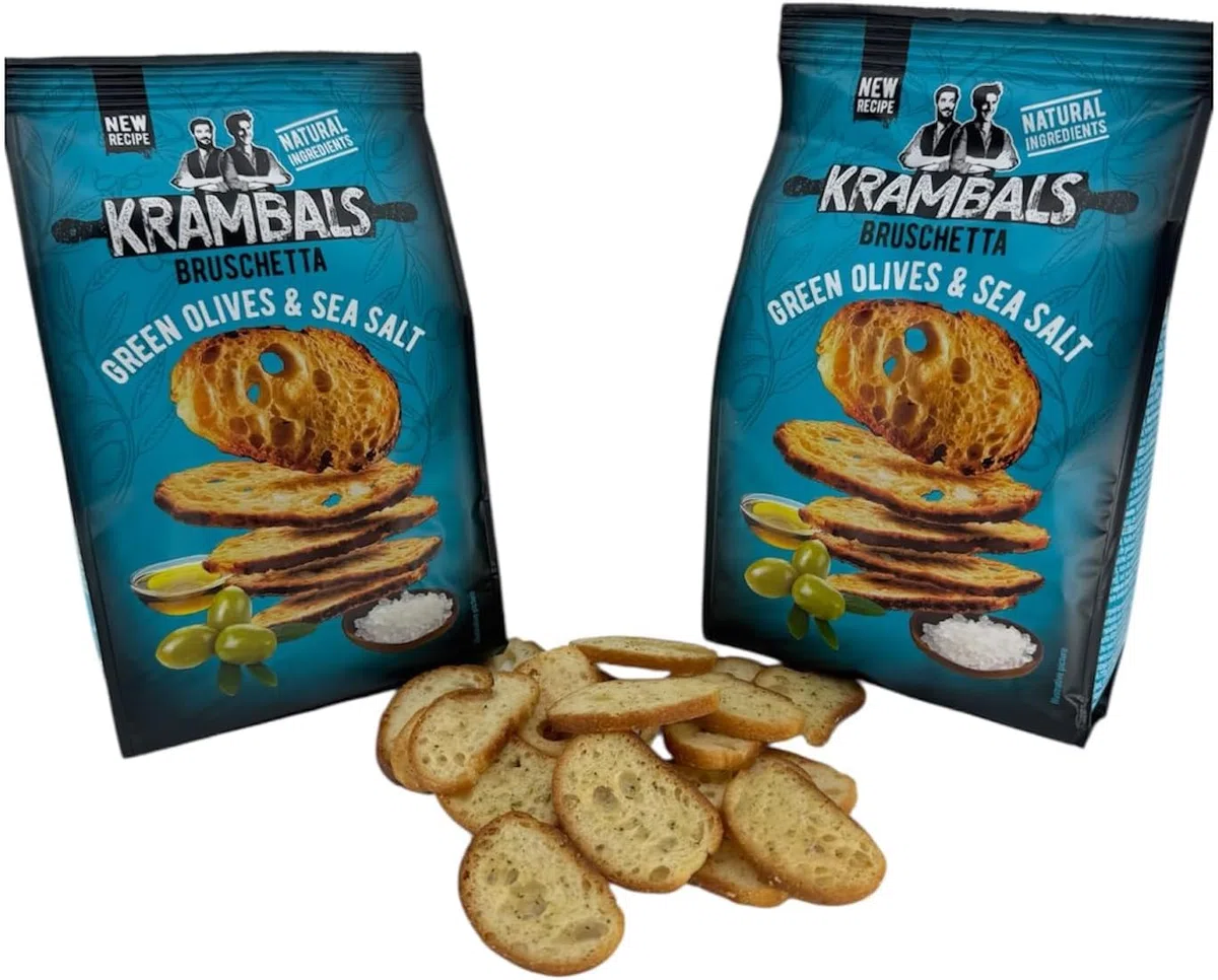 Krambals Bruschetta – Rebanadas de Pan Tostado Crujiente, Snack para Aperitivo – Pack de 12 unidades, 70g (Olivas Verdes)