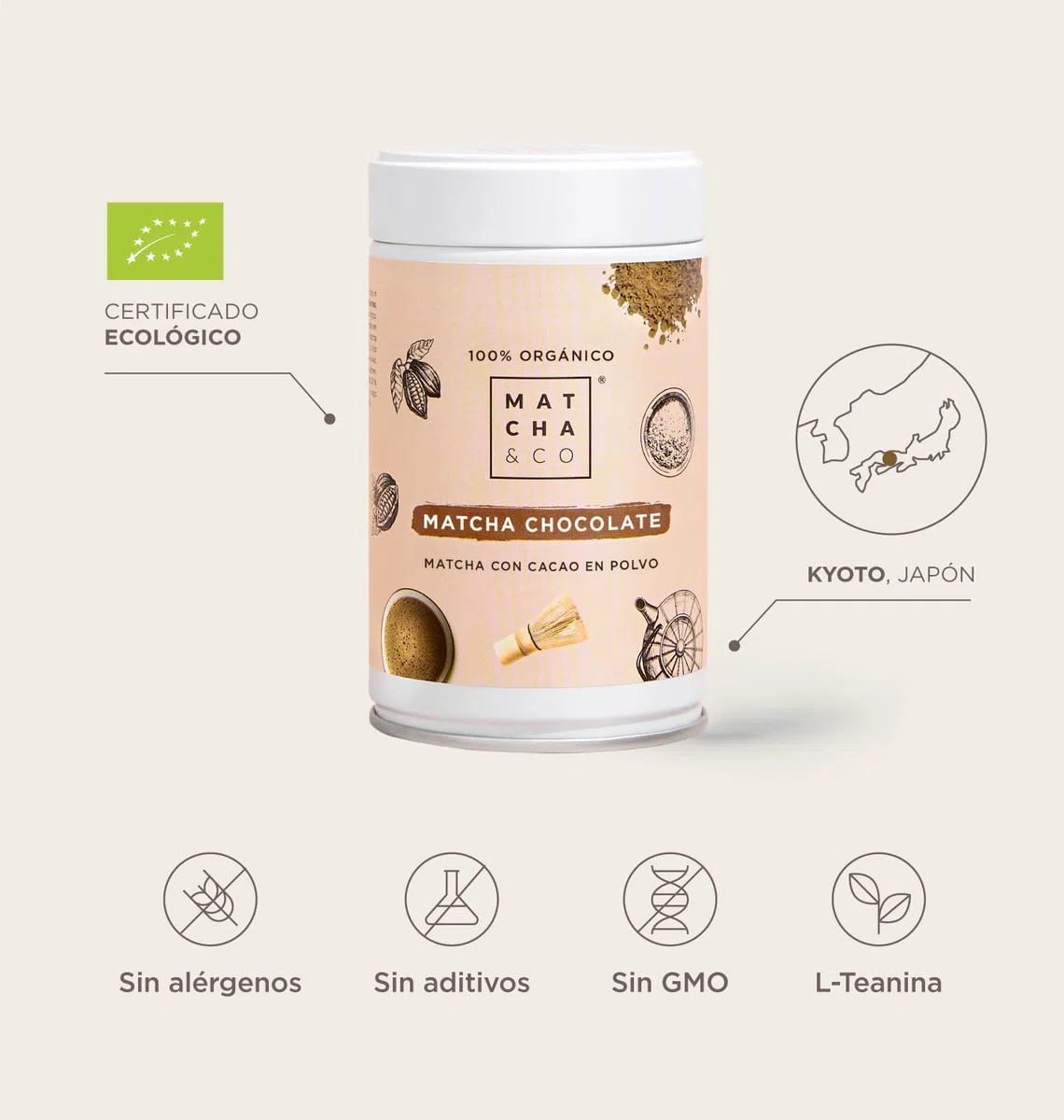 Matcha & CO Té Matcha Chocolate (80 gramos) 100% Orgánico de Grado Ceremonial | Con Cacao en Polvo | Té Verde Orgánico de Japón, 80G 100% Natural, sin Azúcar - Matcha & CO.