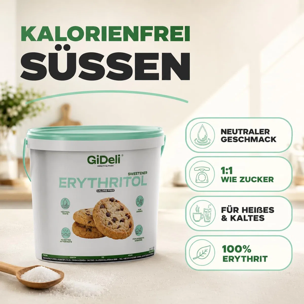 GiDeli Eritritol 20 kg en cubo de azúcar granulada de repuesto de alimentos como alternativa vegana y de azúcar amigable con los dientes