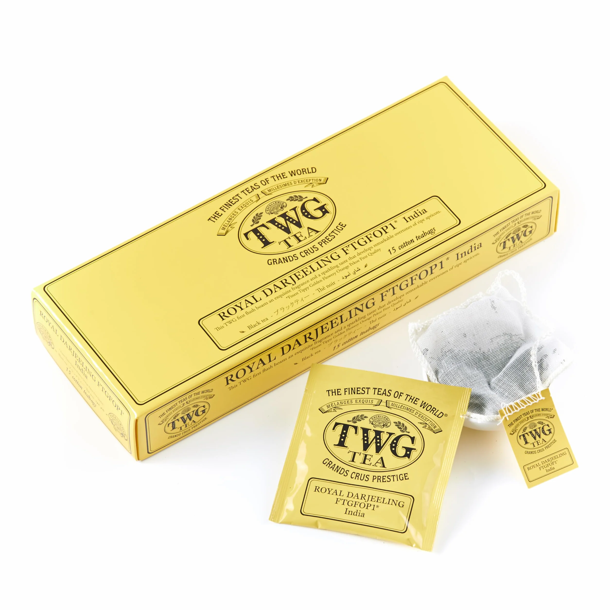 TWG Tea | Royal Darjeeling FTGFOP1 | Té Negro | Albaricoques Maduros | 15 Bolsitas de Té de Algodón Cosidas a Mano | Caja de Regalo Originales