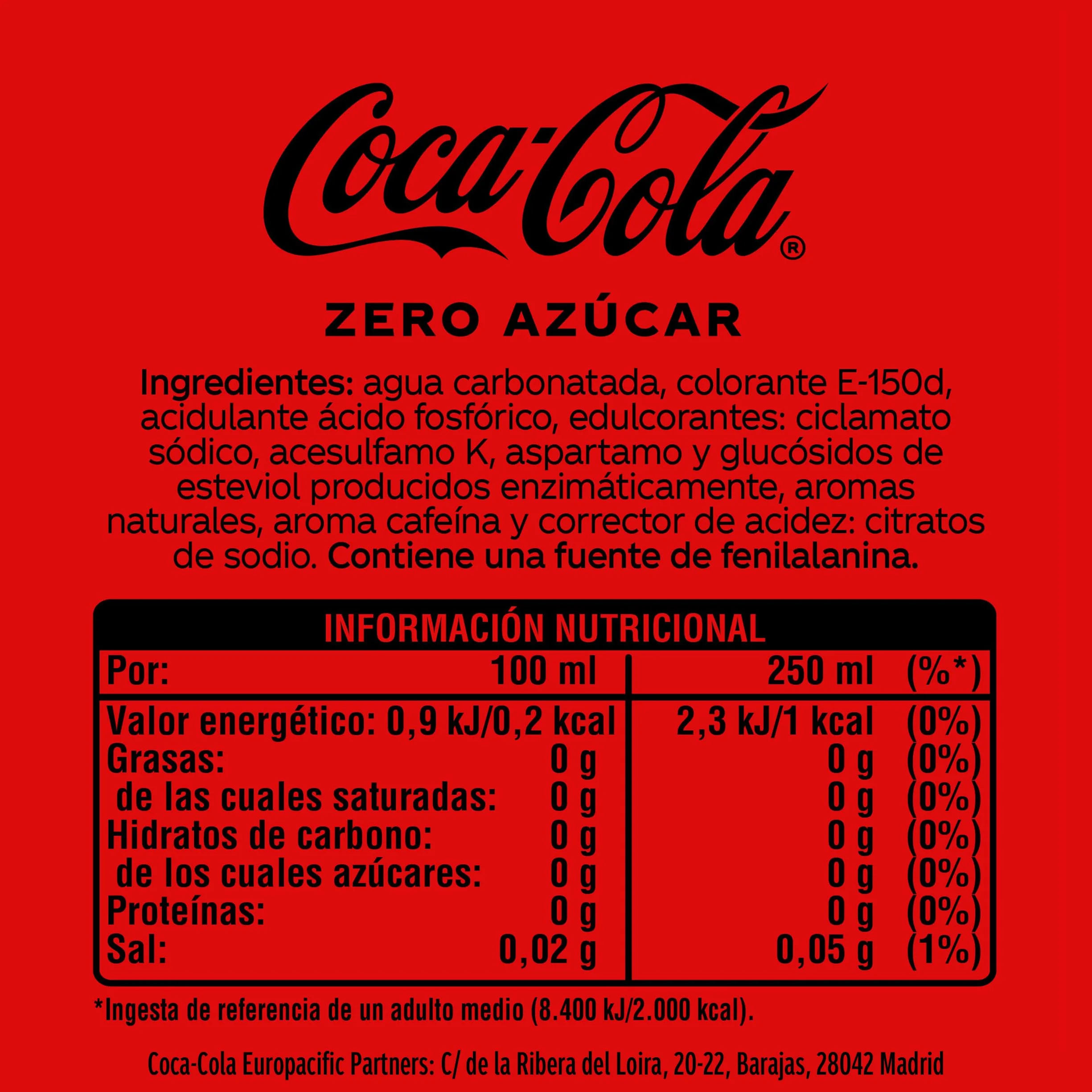 Coca-Cola Zero Azúcar, Refresco de Cola sin Azúcar, Bajo en Calorías -Pack 12 Latas de 500 ml