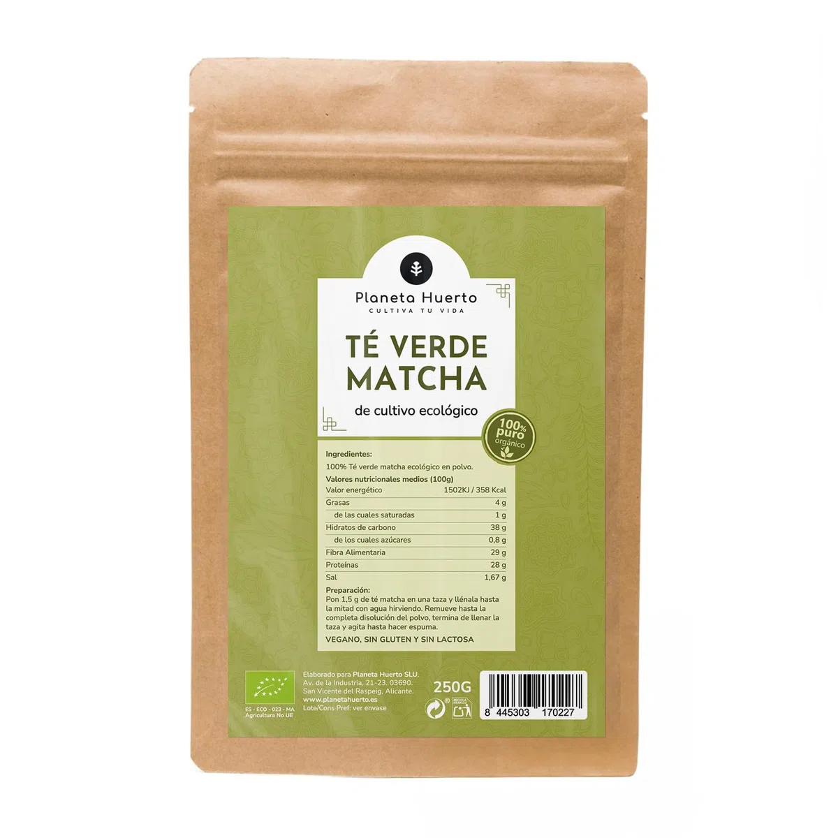 PLANETA HUERTO | Té Matcha Polvo 250g 100% Puro Alto Contenido Vitamina B12, Cultivo Eco, Apto Dietas Veganas - Té Matcha Sin Gluten, Sin Lactosa, Energizante Natural y Antioxidante Premium