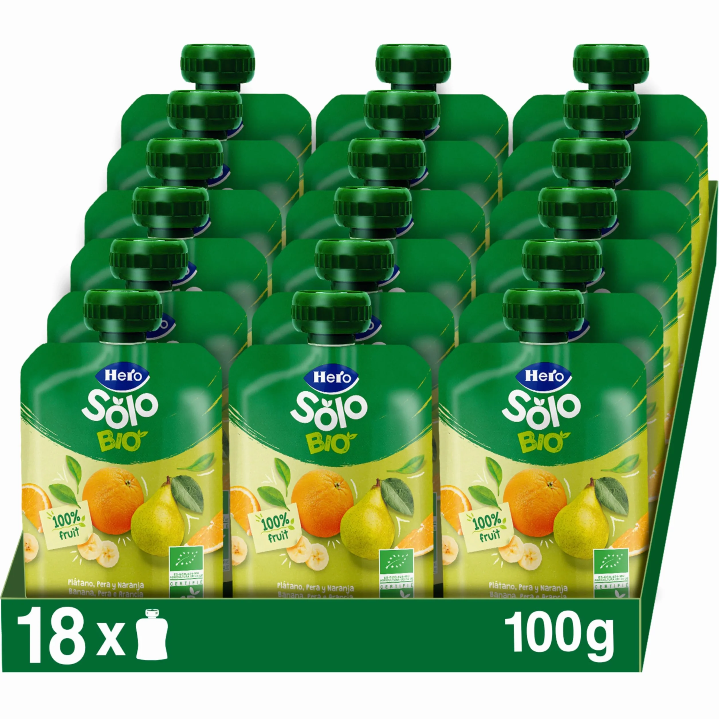 Hero Solo - Bolsita Bio de Plátano, Pera y Naranja – Puré de frutas BIO 100% naturales, compota sin azúcares añadidos, SIN GLUTEN - para bebés desde los 4 meses - Pack de 18 x 100 g