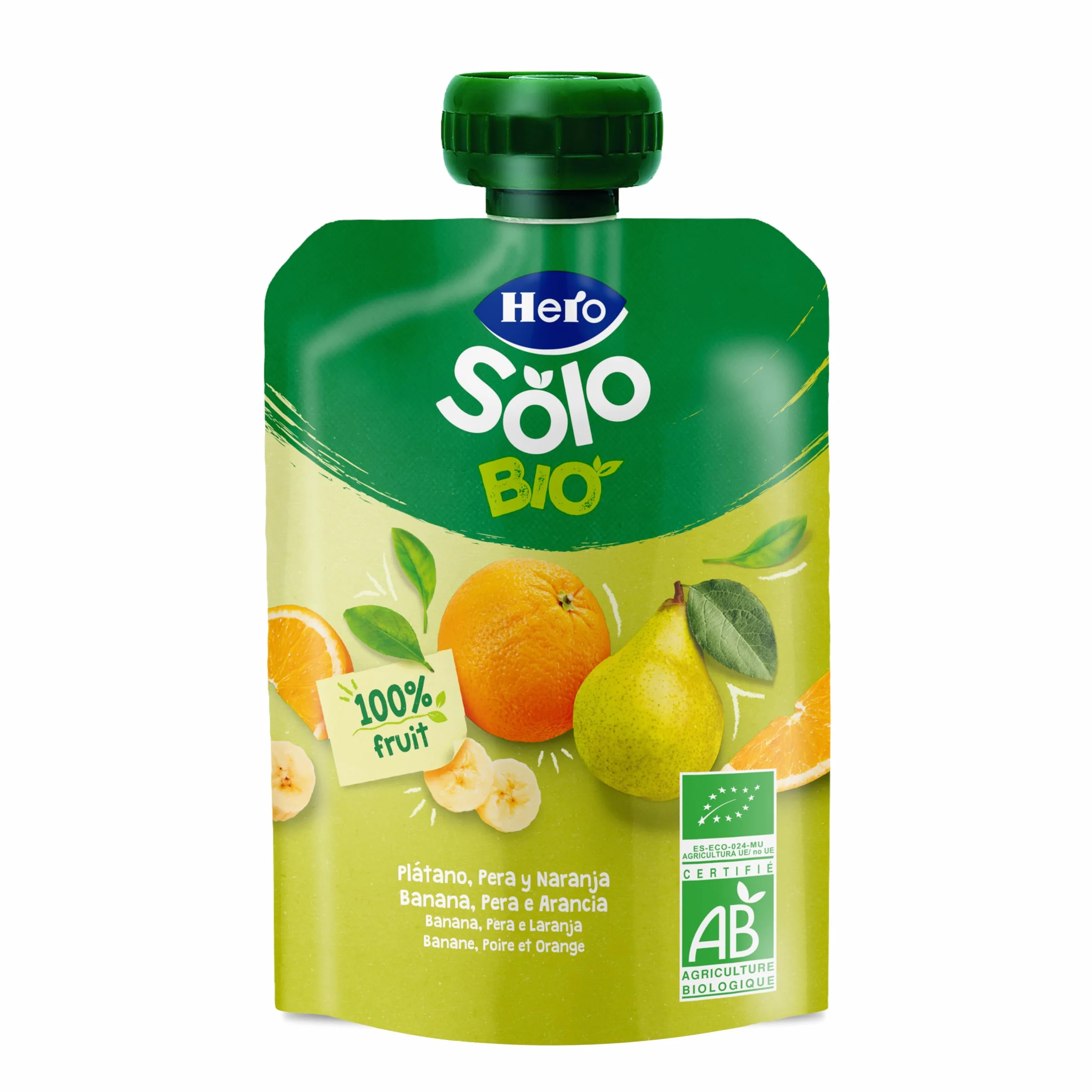 Hero Solo - Bolsita Bio de Plátano, Pera y Naranja – Puré de frutas BIO 100% naturales, compota sin azúcares añadidos, SIN GLUTEN - para bebés desde los 4 meses - Pack de 18 x 100 g