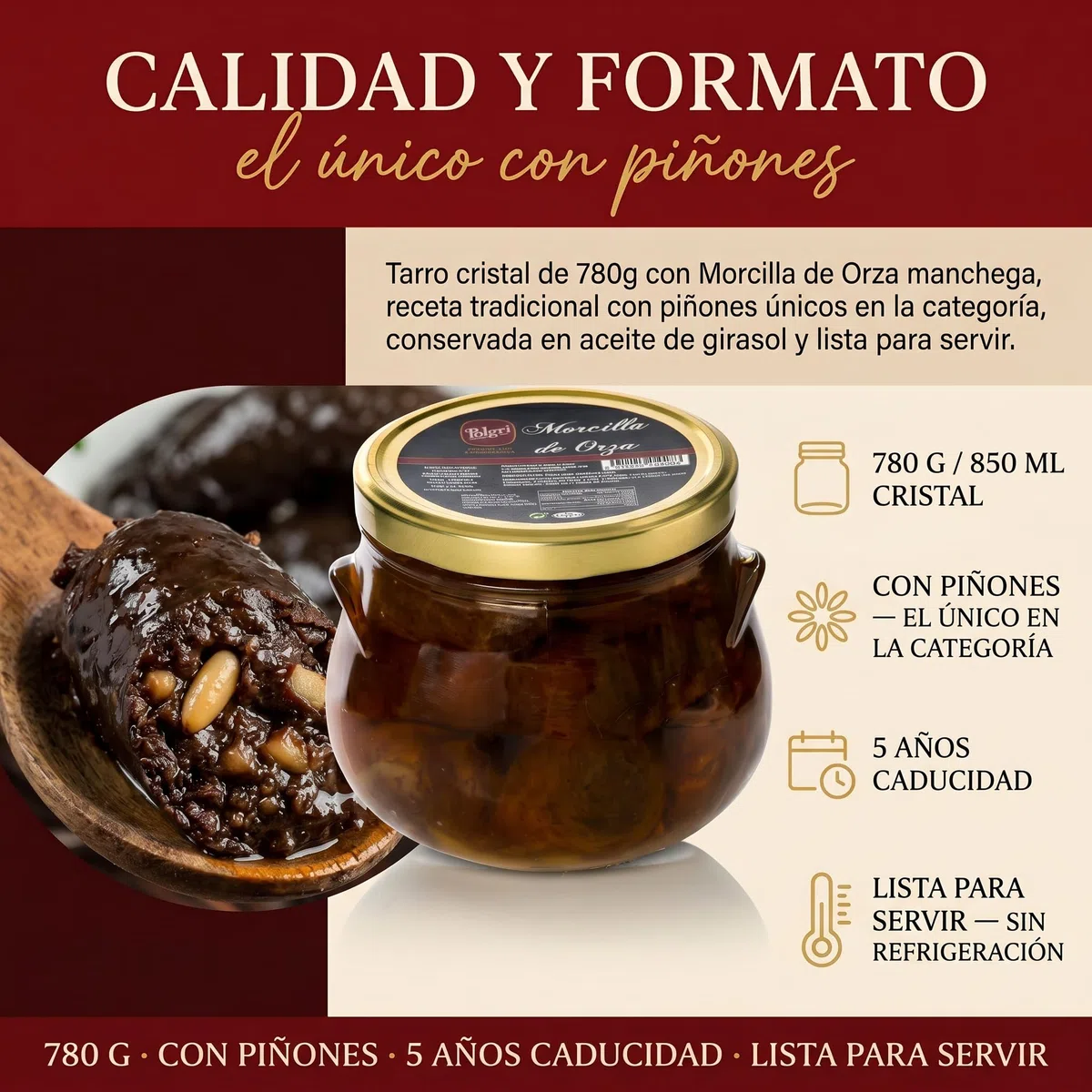 Polgri Morcilla Frita de Orza con Pinones 780g Manchega Artesanal Desde 1967 Conserva en Aceite Girasol sin Conservantes 5 Años Caducidad Tarro Cristal 850ml Embutidos Gourmet Aperitivo Tapas