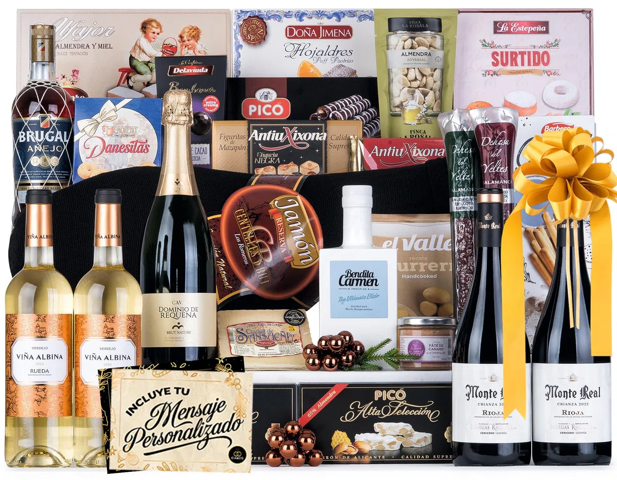 Cesta de Navidad con Jamón Gourmet 2025 (Lote 309) · Con Jamón Reserva, Vino, Cava Pago, Ron, Dulces Selectos y Tarjeta Personalizable · Regalo Corporativo, Familiar o Personal Ideal