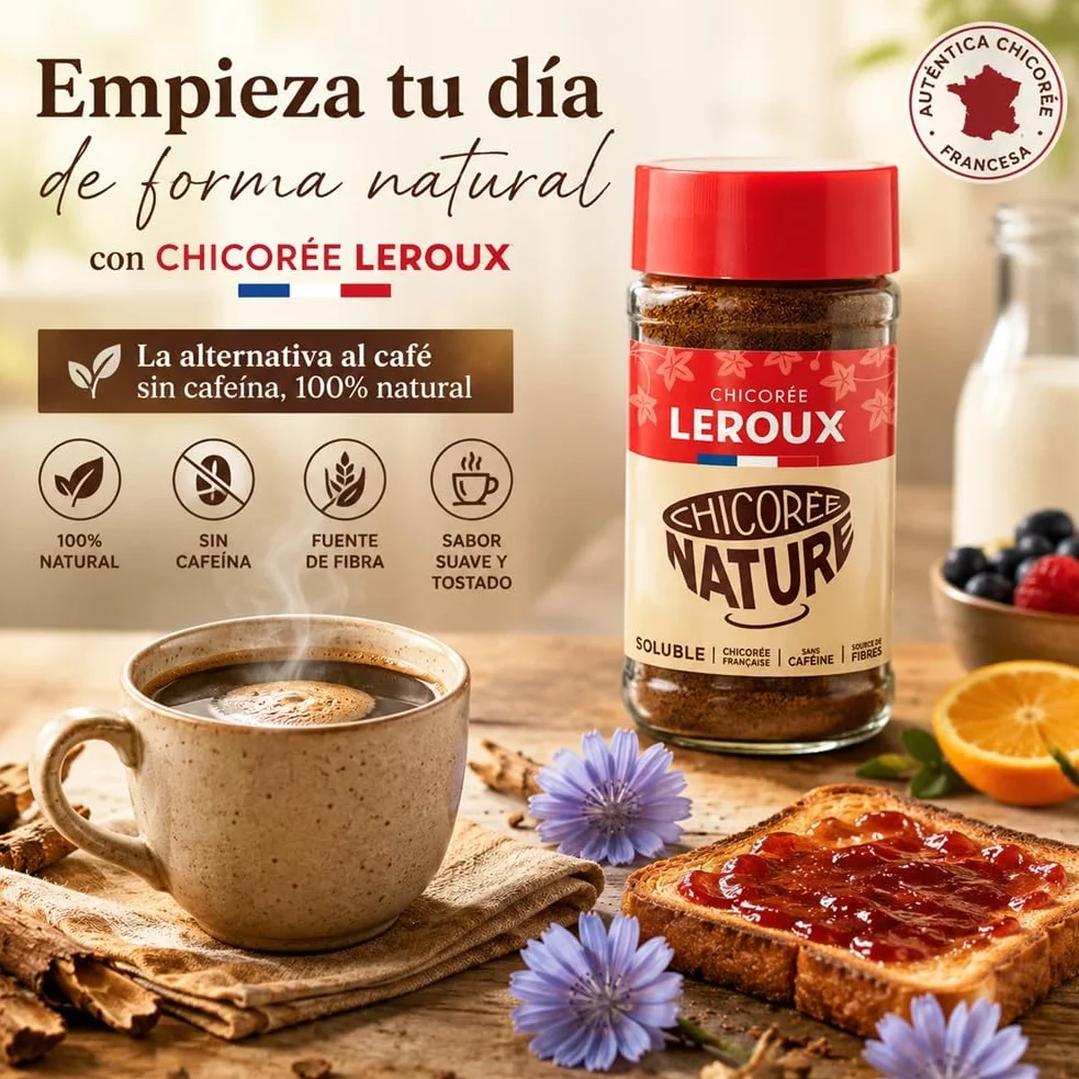 Leroux Achicoria Soluble Natural Pack 2x200g Sustituto del Café Sin Cafeína Sin Gluten 100% Pura Bebida Vegetal Digestiva Alternativa Saludable al Café