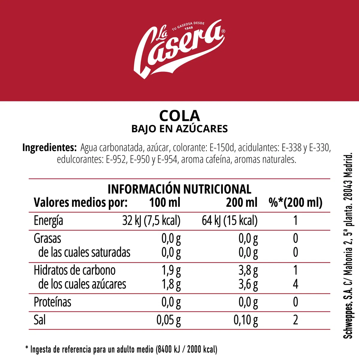 La Casera Cola, Refresco con Gas, Cero Azúcares añadidos - Lata, Pack 24 x 33 cl