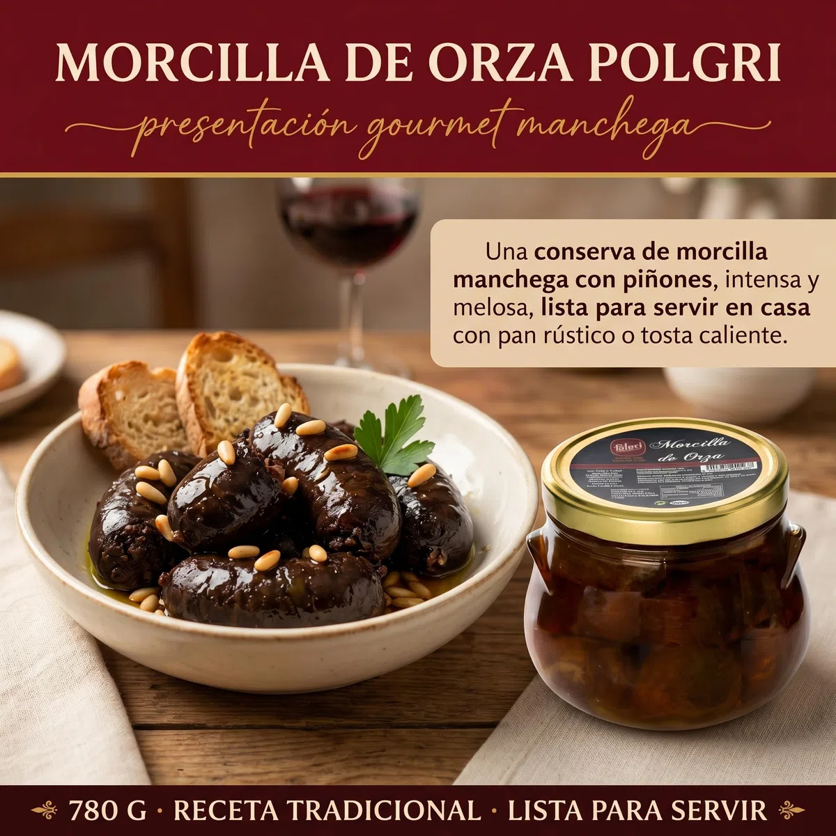 Polgri Morcilla Frita de Orza con Pinones 780g Manchega Artesanal Desde 1967 Conserva en Aceite Girasol sin Conservantes 5 Años Caducidad Tarro Cristal 850ml Embutidos Gourmet Aperitivo Tapas
