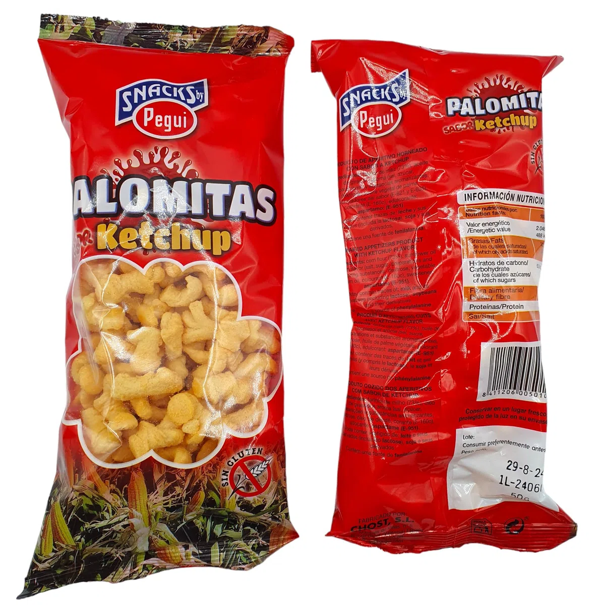 Gusanitos Ketchup - Aperitivo de Maíz Horneado Sabor a Ketchup Pegui - Palomitas Sabor ketchup - 30 Bolsas de 50 gr. - Sin Gluten