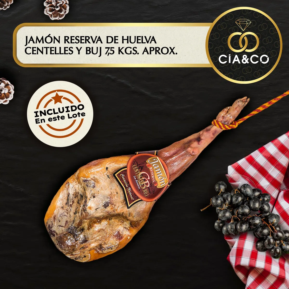Cesta de Navidad con Jamón Gourmet 2025 (Lote 309) · Con Jamón Reserva, Vino, Cava Pago, Ron, Dulces Selectos y Tarjeta Personalizable · Regalo Corporativo, Familiar o Personal Ideal