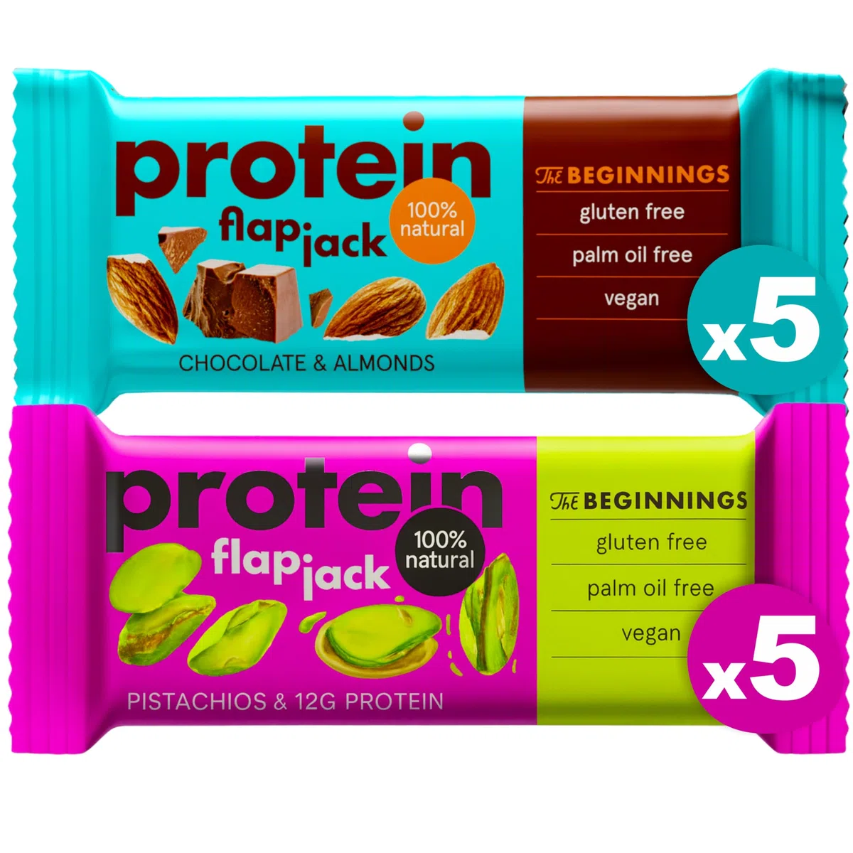 The BEGINNINGS Barritas proteicas de avena Flapjack Caja surtida 2 sabores x 5 barritas – 10 x 60 g (600 g) – veganas, sin gluten – proteína de origen vegetal – snack energético natural