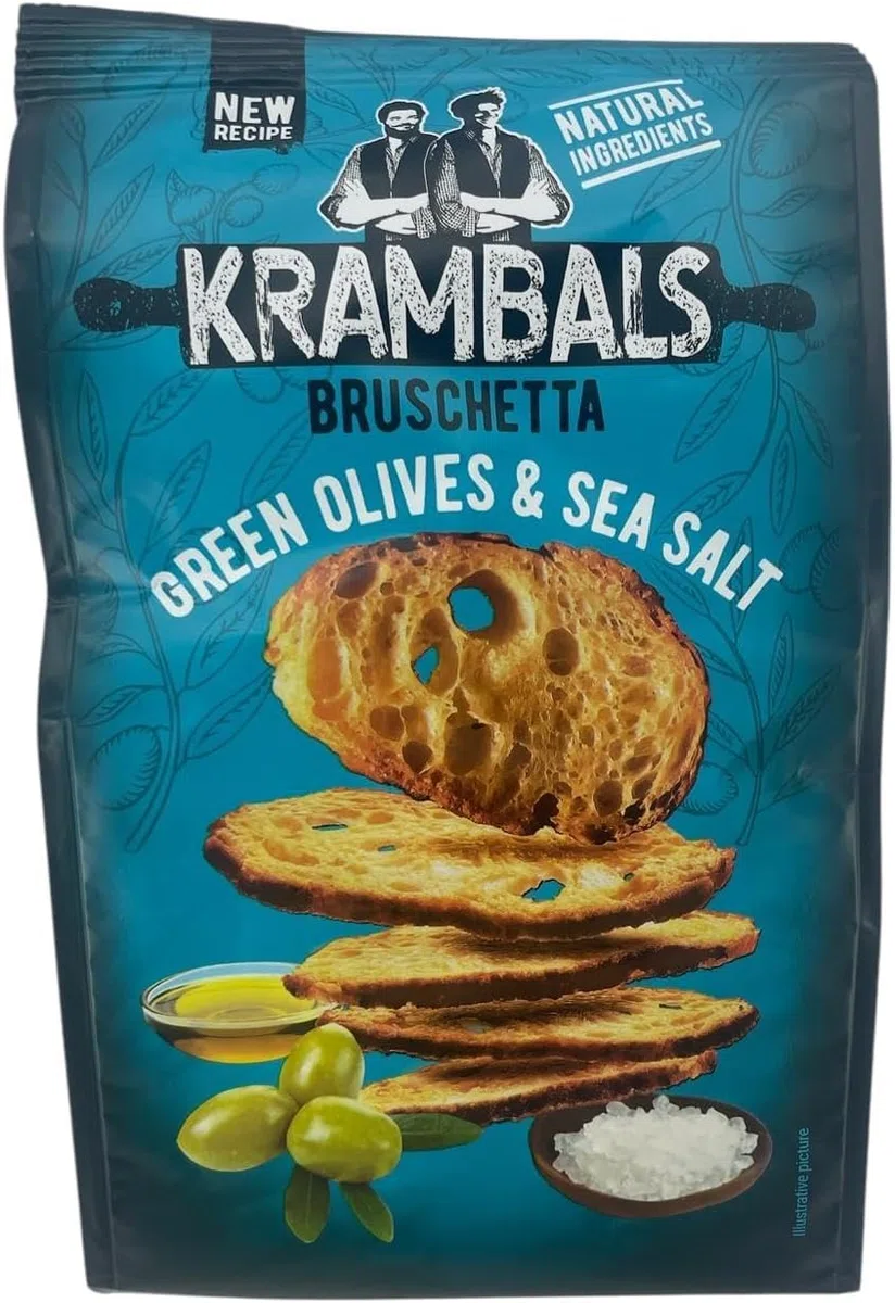 Krambals Bruschetta – Rebanadas de Pan Tostado Crujiente, Snack para Aperitivo – Pack de 12 unidades, 70g (Olivas Verdes)